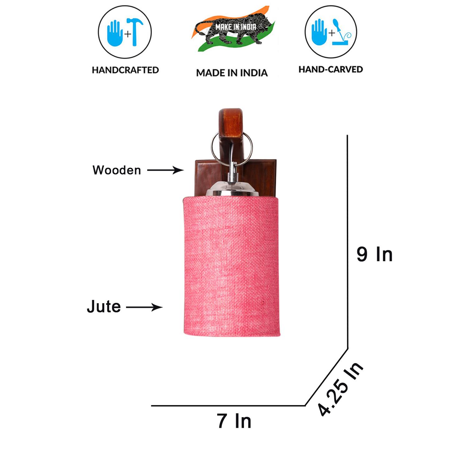 Devansh Solid Wood Electric Wall Light in Brown Colour with Pink Shade Count of 1 Light