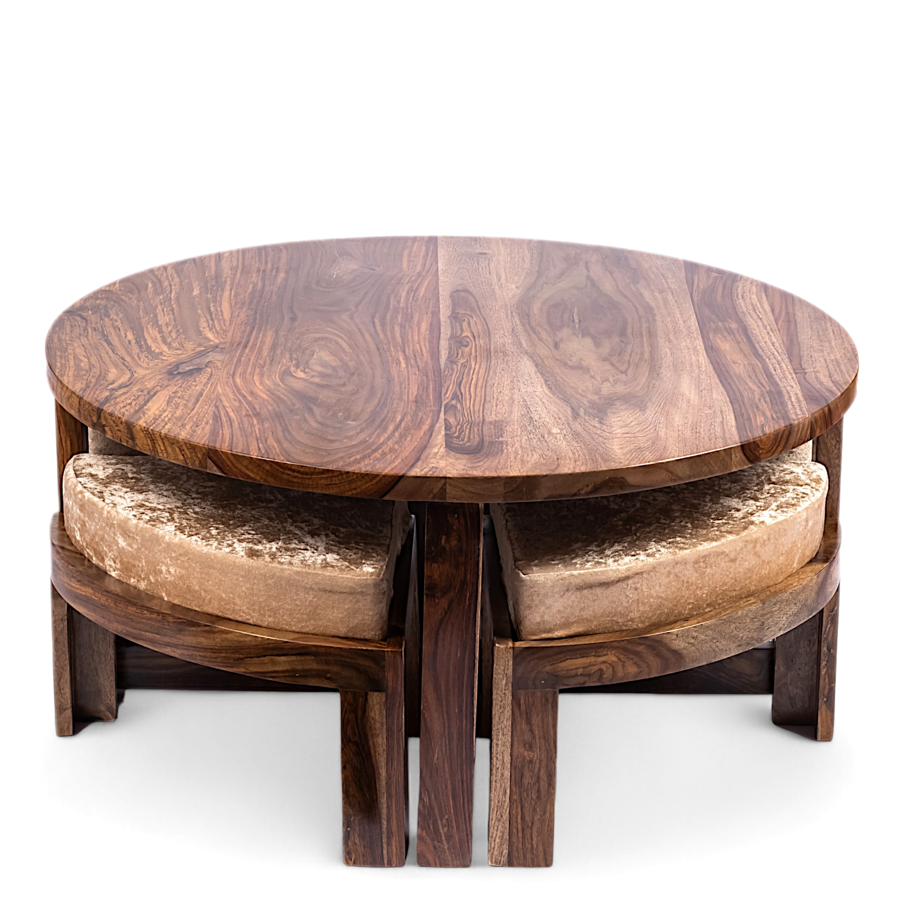 Nashville Sheesham Wood 4 Seater Coffee Table Set In Teak Finish Ivory Sparkle Velvet Cushion