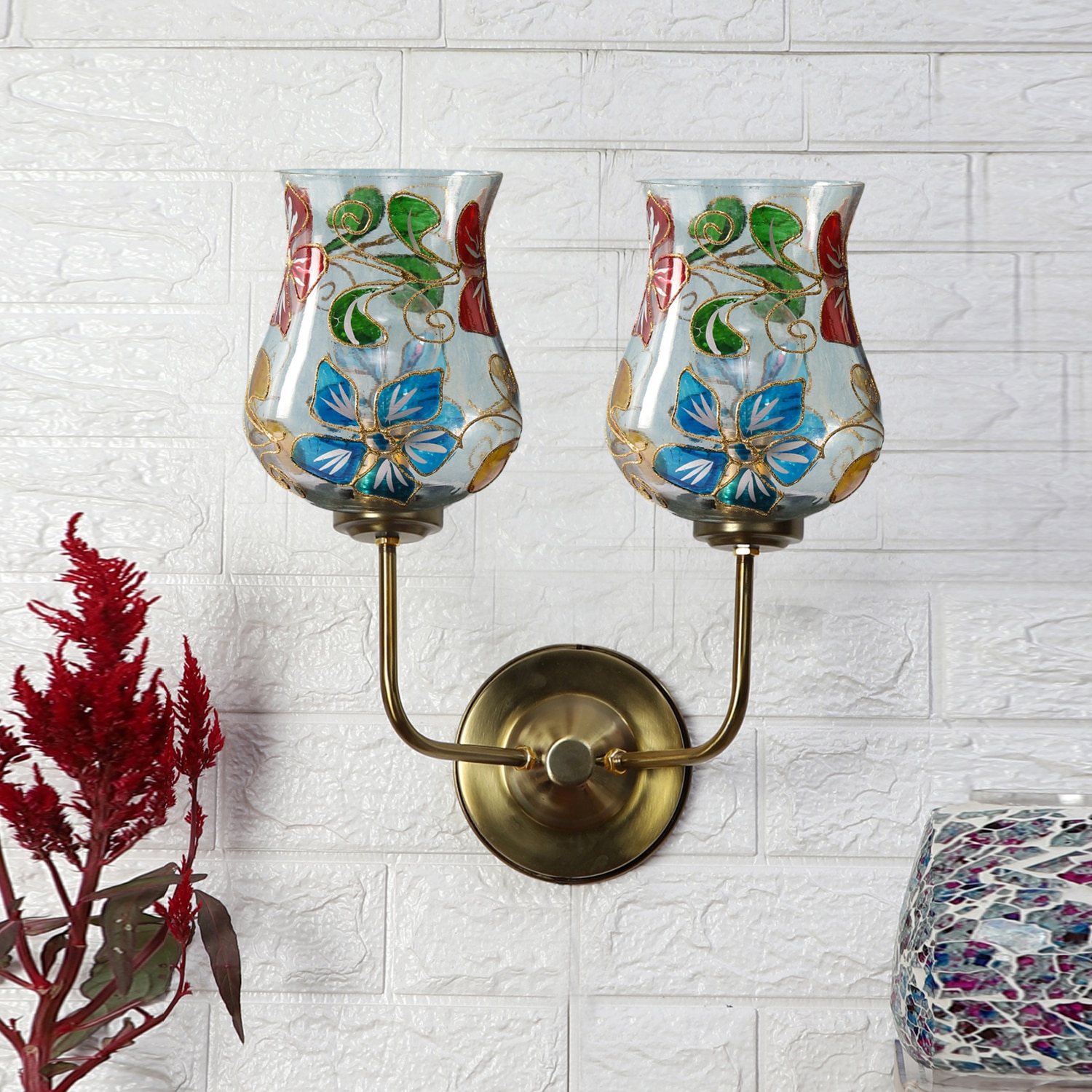 Devansh Metal Electric Wall Light in Gold Colour with Multicolor Shade Count of 2 Lights - Devansh