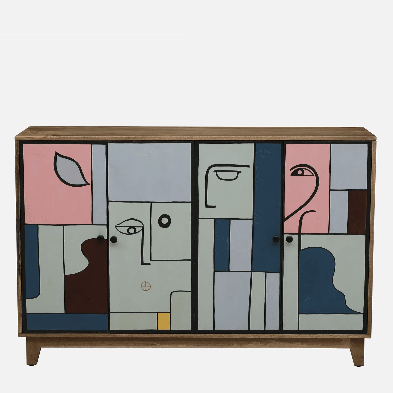 Tulisa Mango Wood Hand Painted Multicolor 4 Door Cabinet In Natural Finish