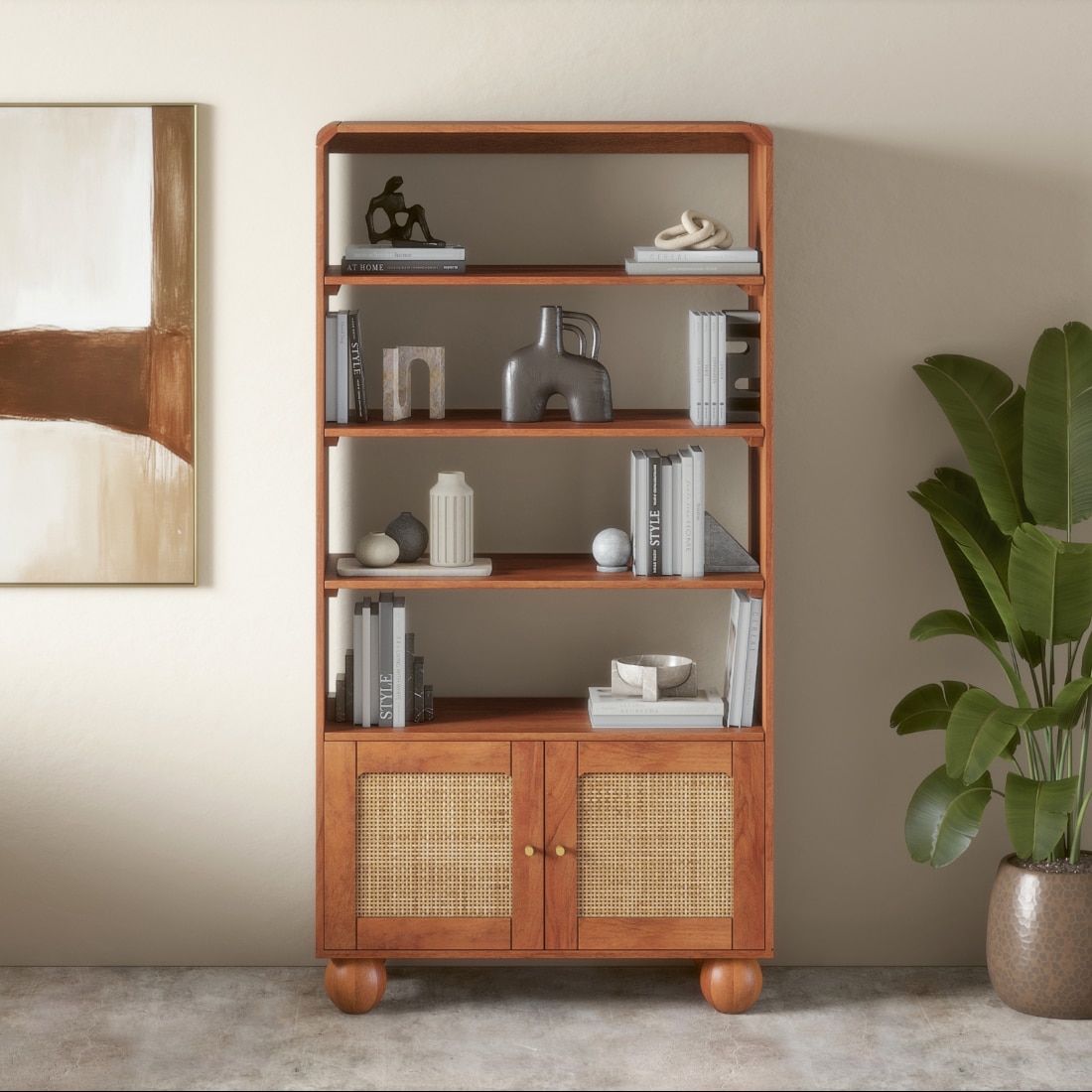 Takai Solid Wood and Cane Bookshelf In Red Cedar Finish