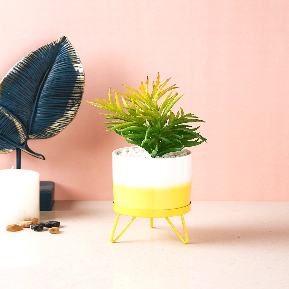 Attractive Faux Plant With Dual Shade Ceramic Pot On A Yellow Stand - Tayhaa