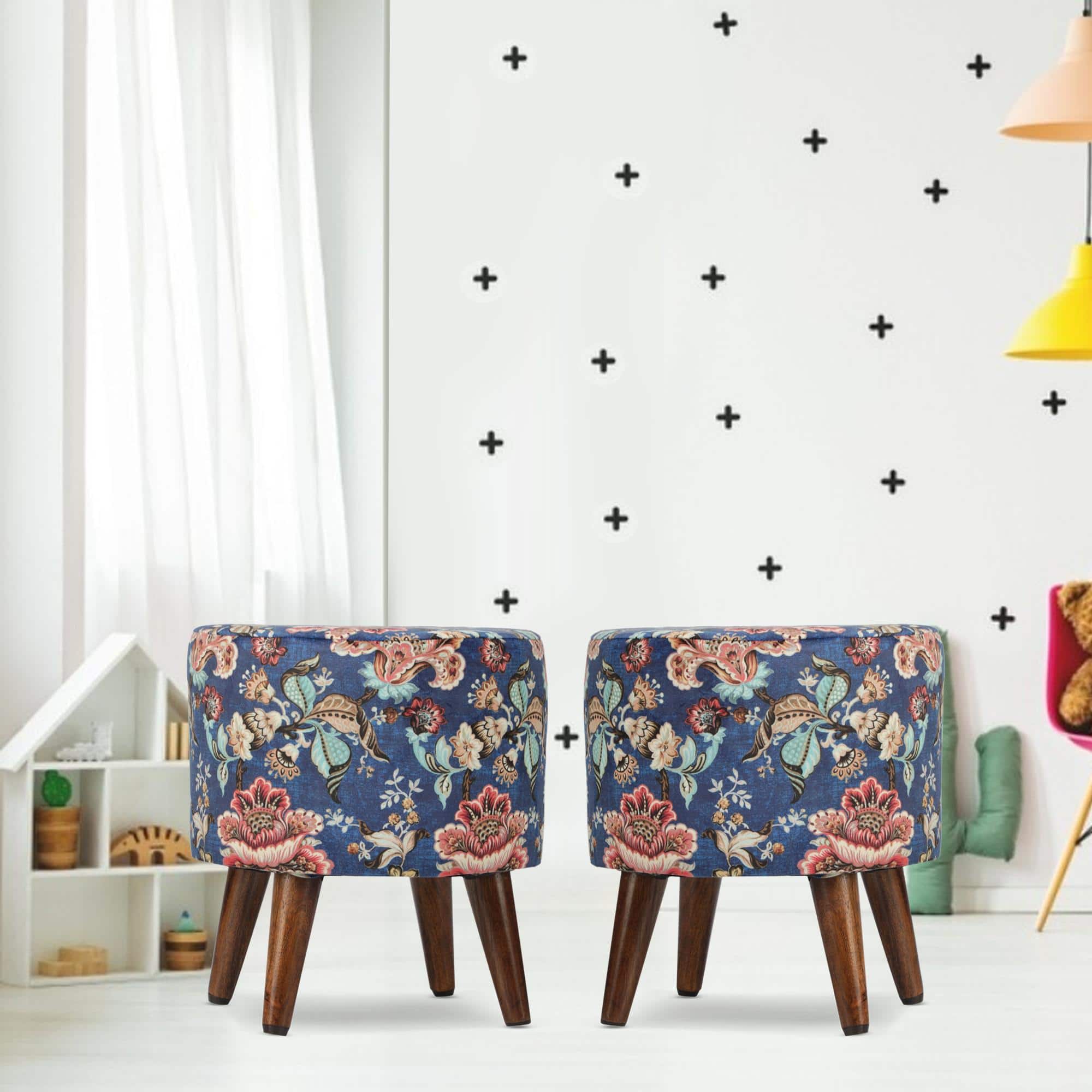 Luna Solid Wood Ottomon in Blue Colour