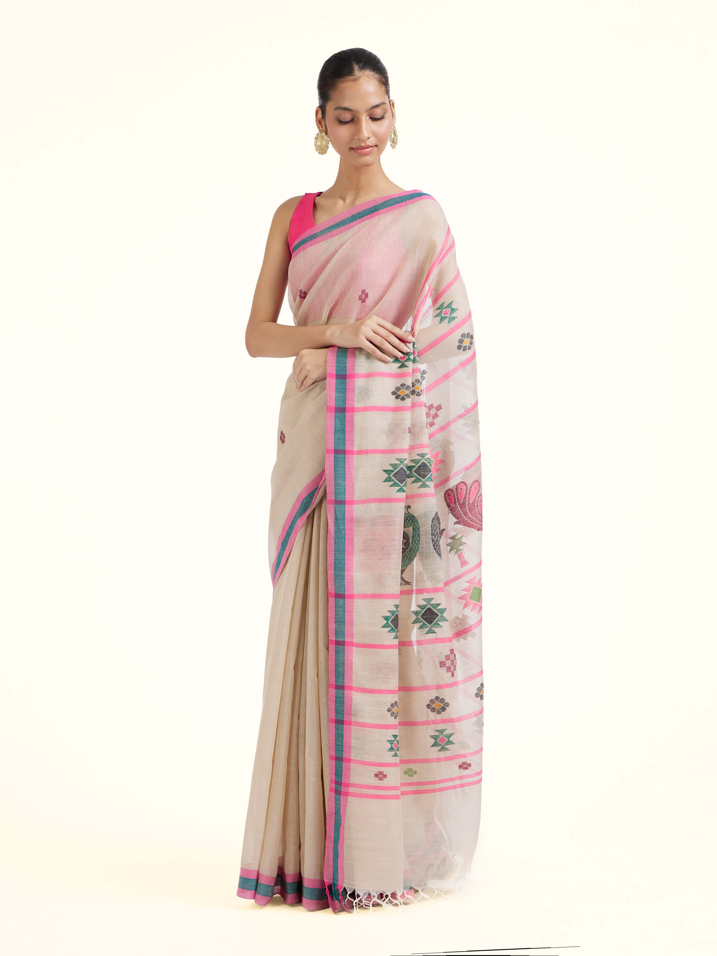 Beige Mulberry Silk Extra-weft Saree