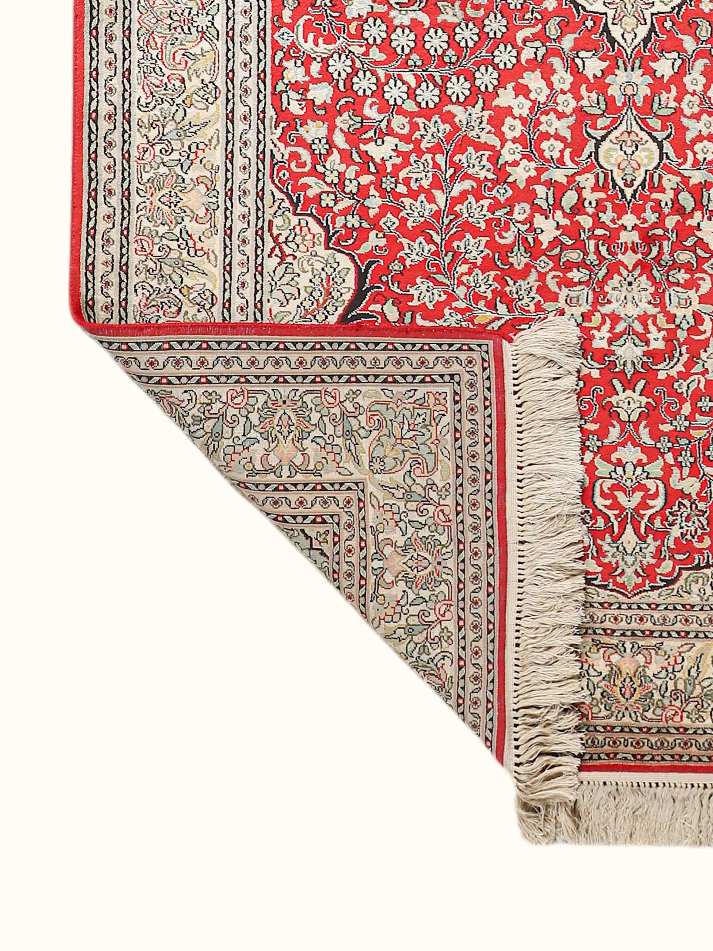 Traditional Persian Red Ivory Kashan Kashmir Silk Hand-Knotted Carpet
