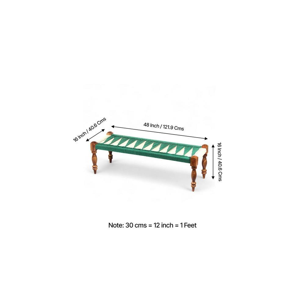 Hamilton Sheesham Wood Maachi Bench Set With 2 Stools In Green & White Rope Canning