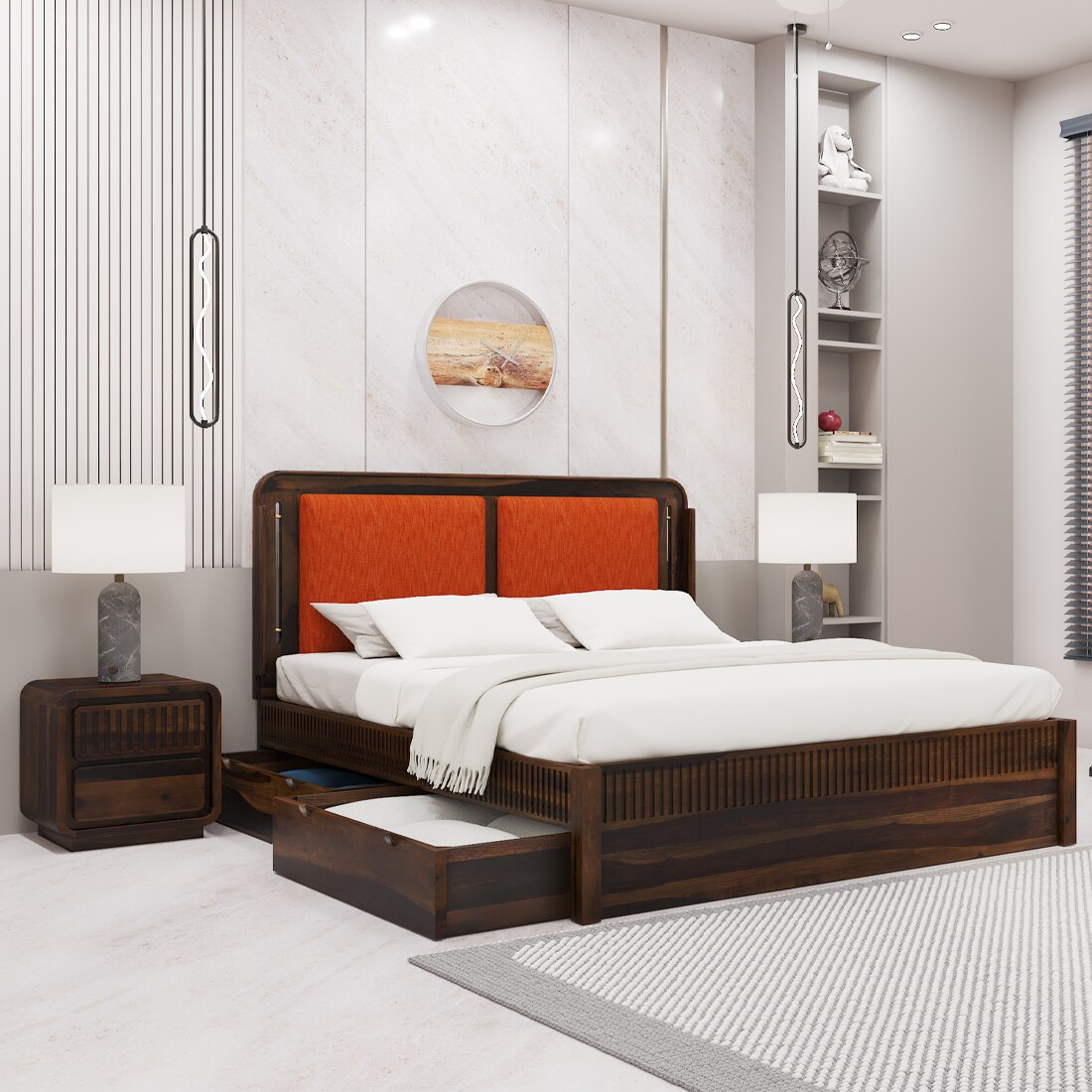 Lotus Solid Wood King  Size Upholstered Bed With Drawer Storage (Provincial Teak Finish) - Woodenmood
