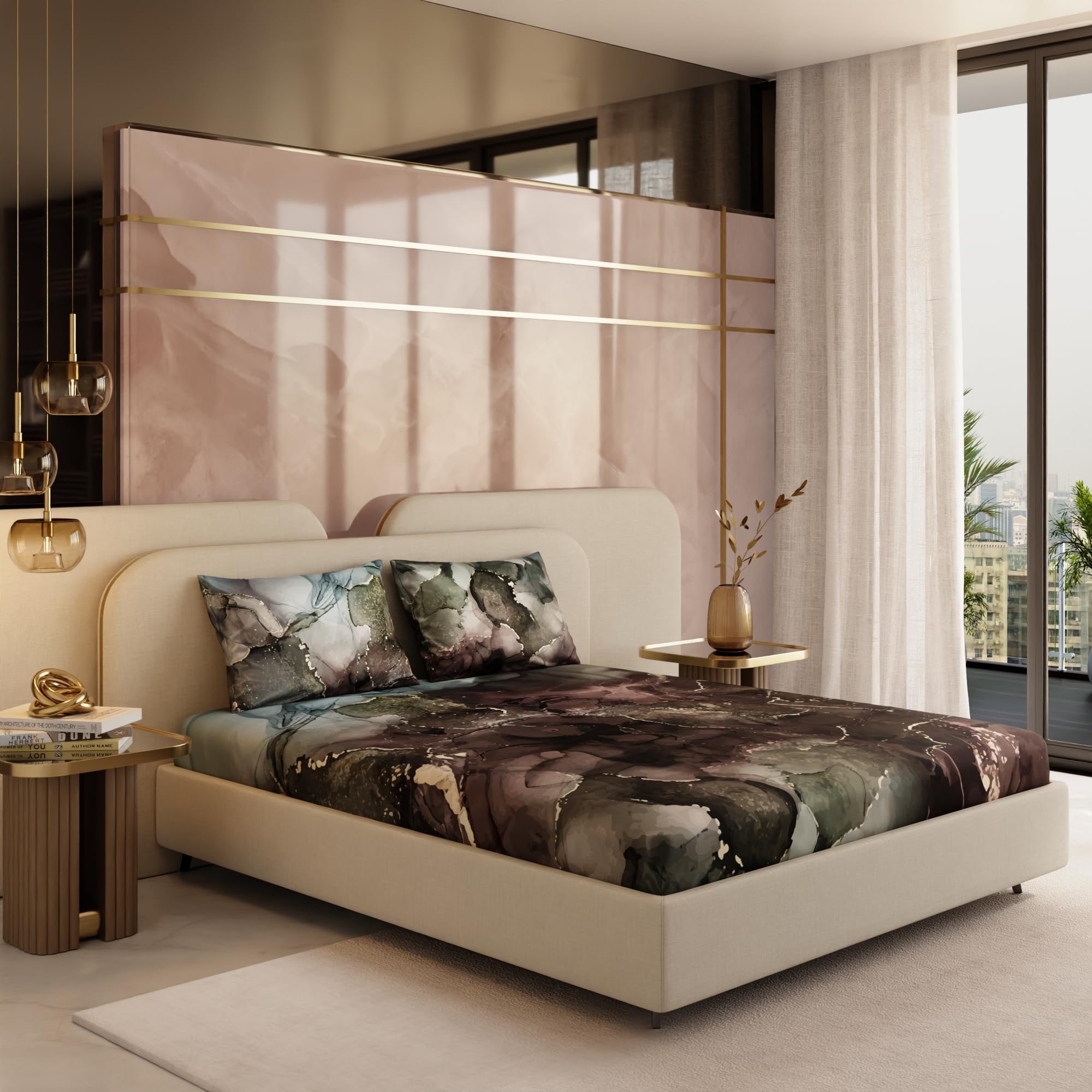 Stoa Paris 300TC UltrSatin King Bedsheet Set Satin King Moss, Brown Gold - Stoa Paris