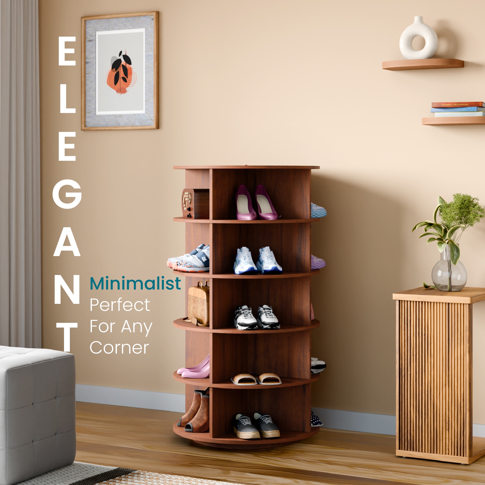 360° Rotating Shoe Rack 5-Tier in Brown – Contemporary Space-Saving Shoe Organizer - Alex Daisy