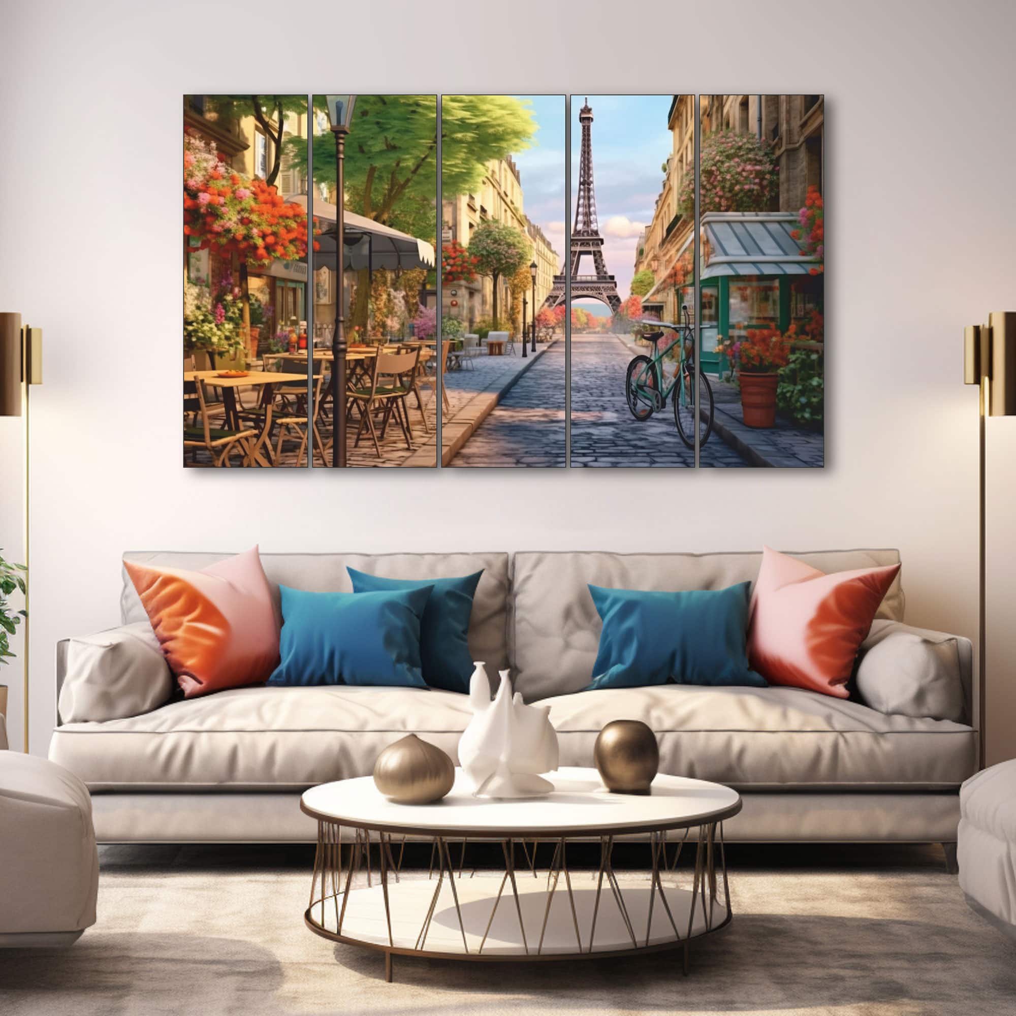 The Castle Decor Eiffel Tower View Wall Art Set of 5 Wooden Framed Digital Painting 27x48 Inch - The Castle Decor