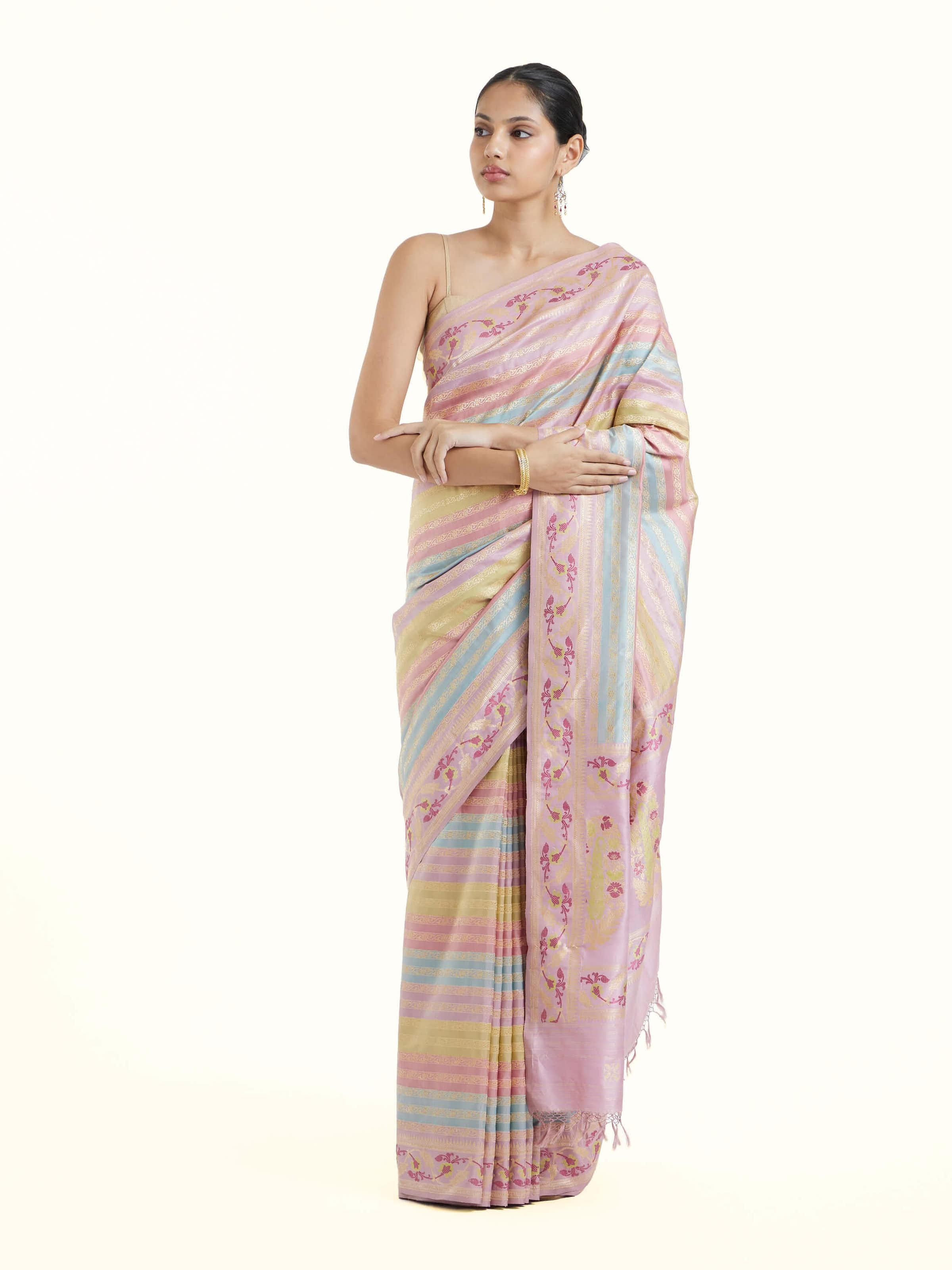 Front view of silk rangkat Banarasi saree with rich woven patterns