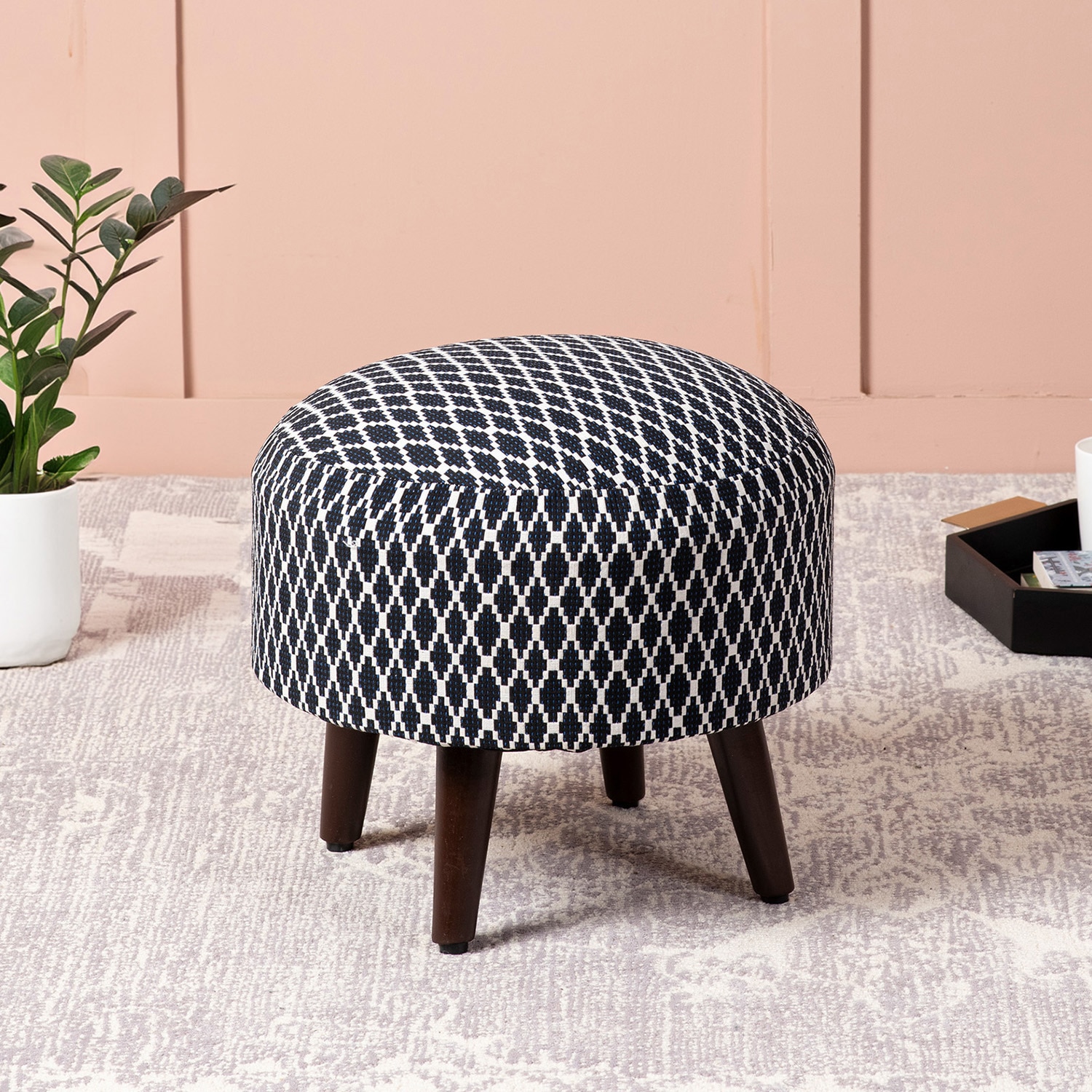 Quad Jacquard Wooden Ottoman in Blue Color - Nestroots