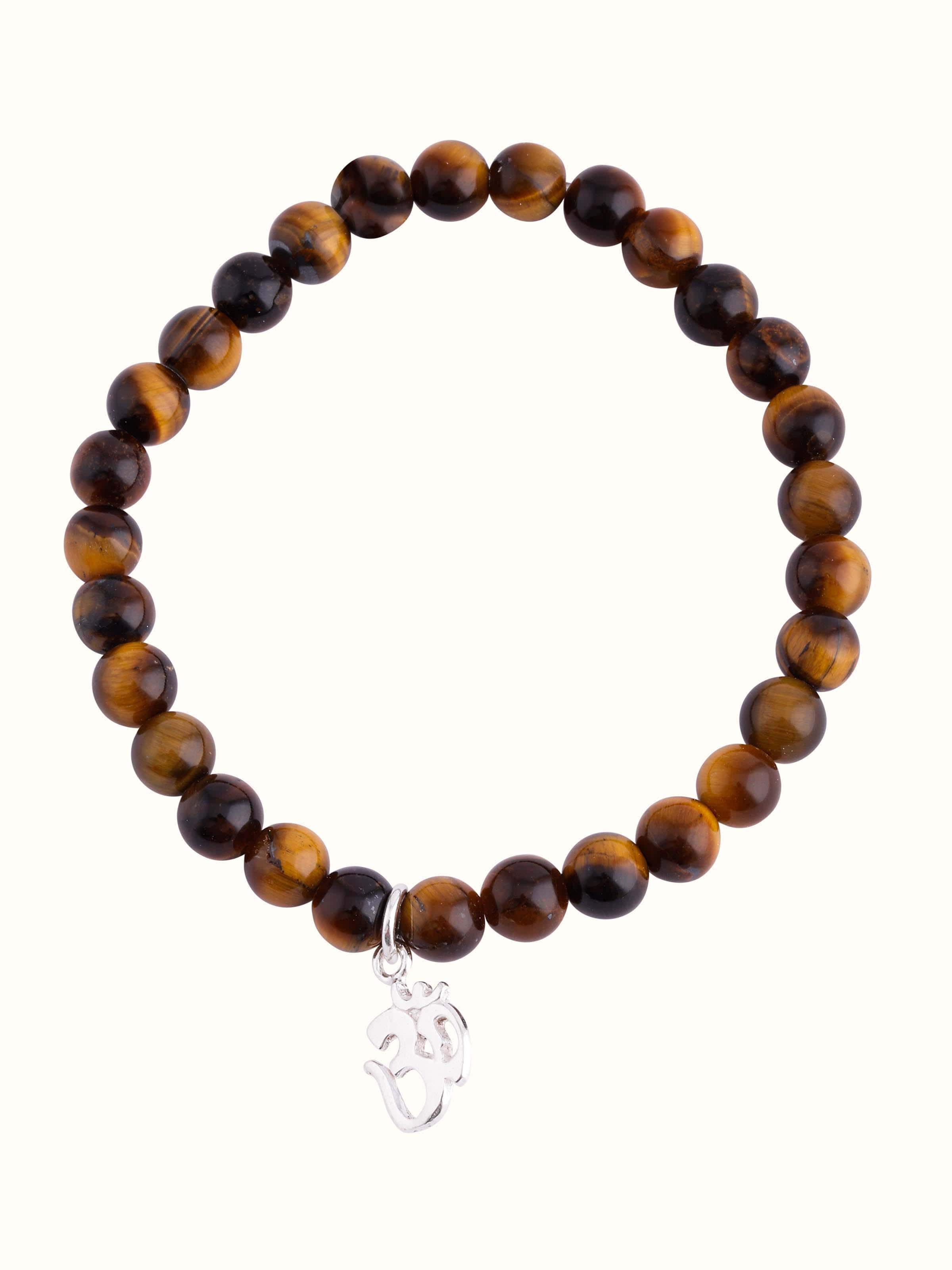 Front view of silver bracelet with alternating Tiger Eye and Black Onyx beads in minimalist design