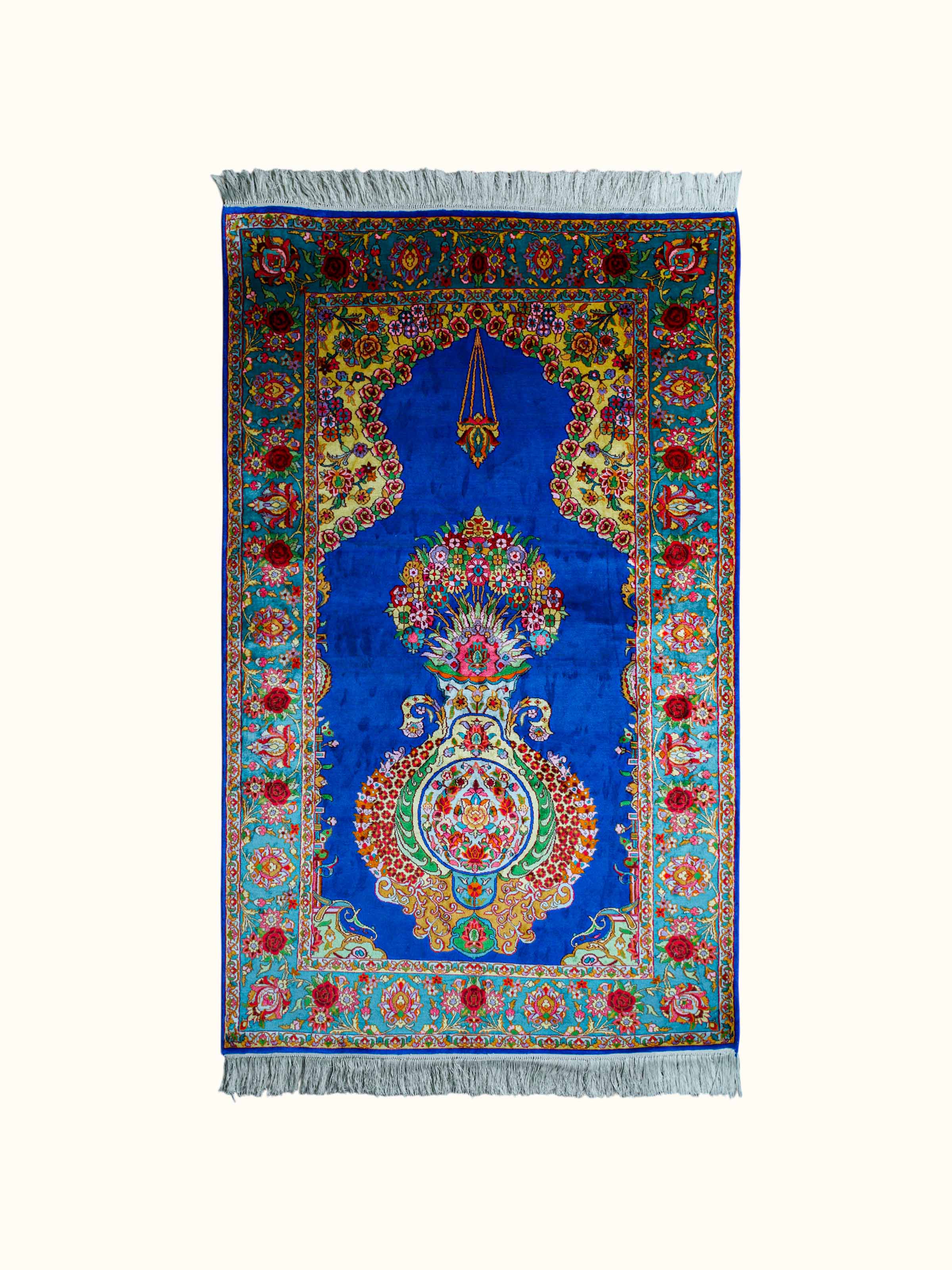 Traditional Persian Blue Guldani Kashmir Silk Hand-Knotted Carpet