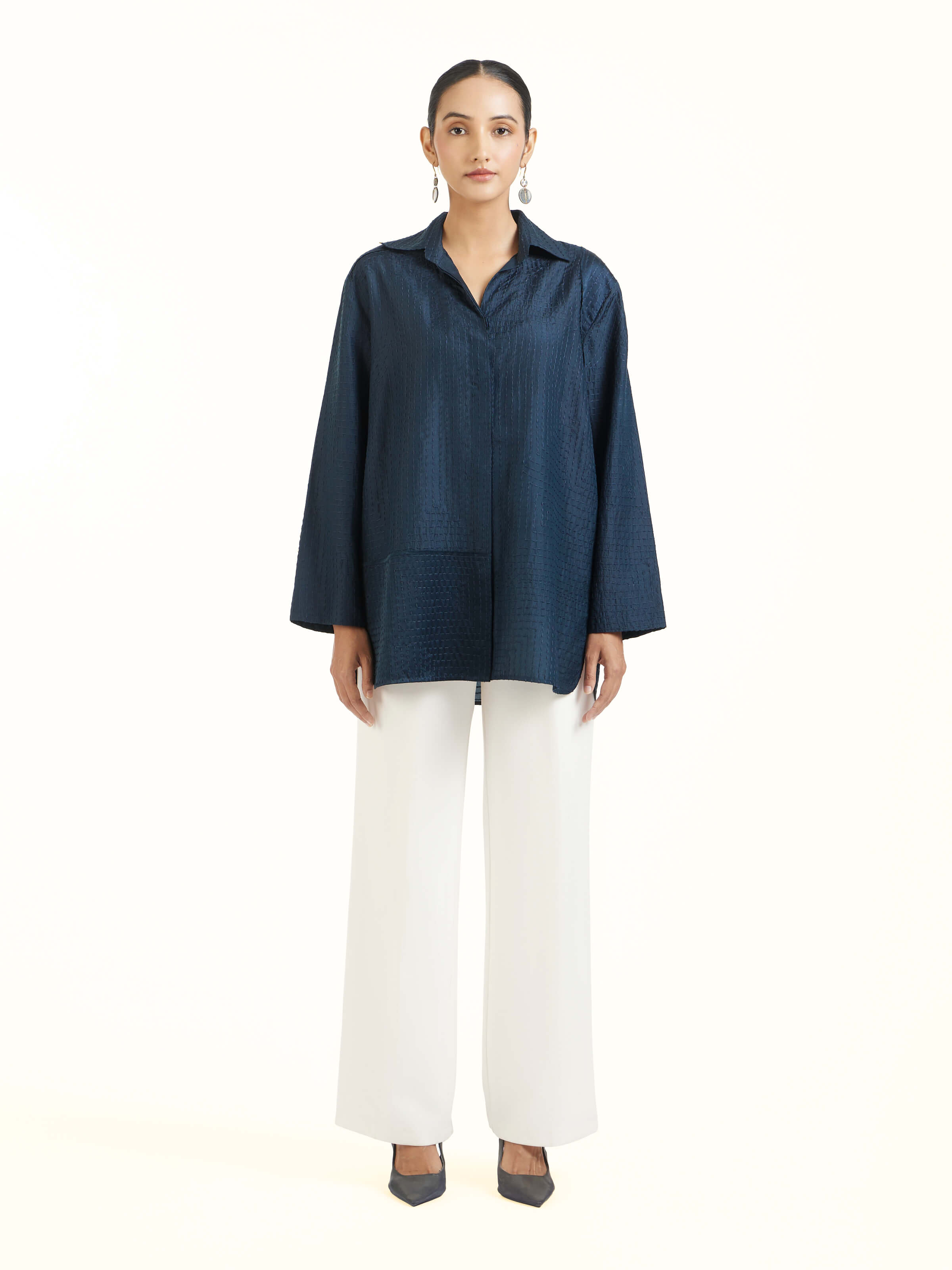 Front view of blue silk kantha shirt showcasing kantha embroidered detailing