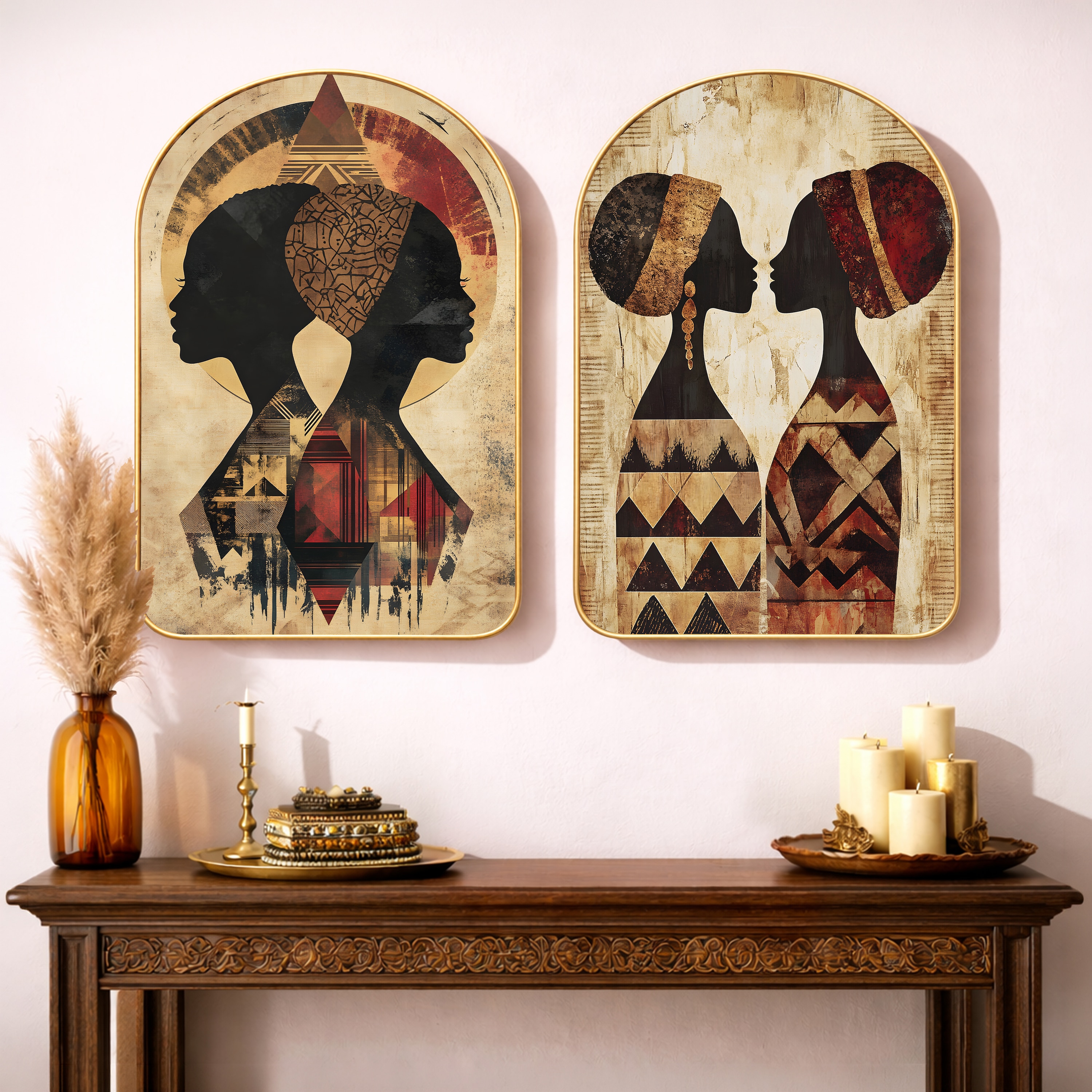 African Lady Tribal Women Wall Art Painting Set of 2 Gold Frame 16 x 24 Inch - Art Street