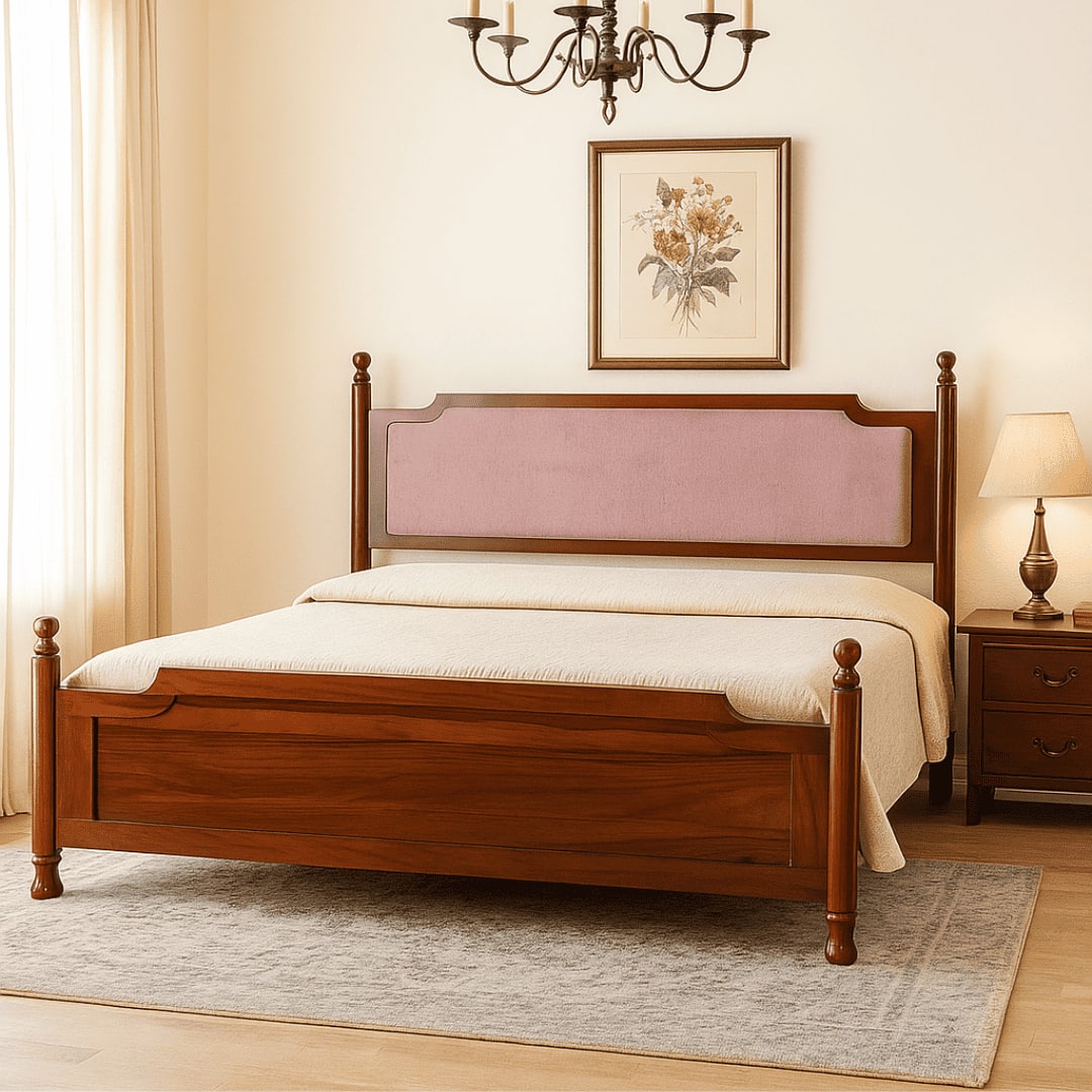 Camille Solid Wood Box Storage Queen Bed in Provincial Teak Finish with Pink Colour