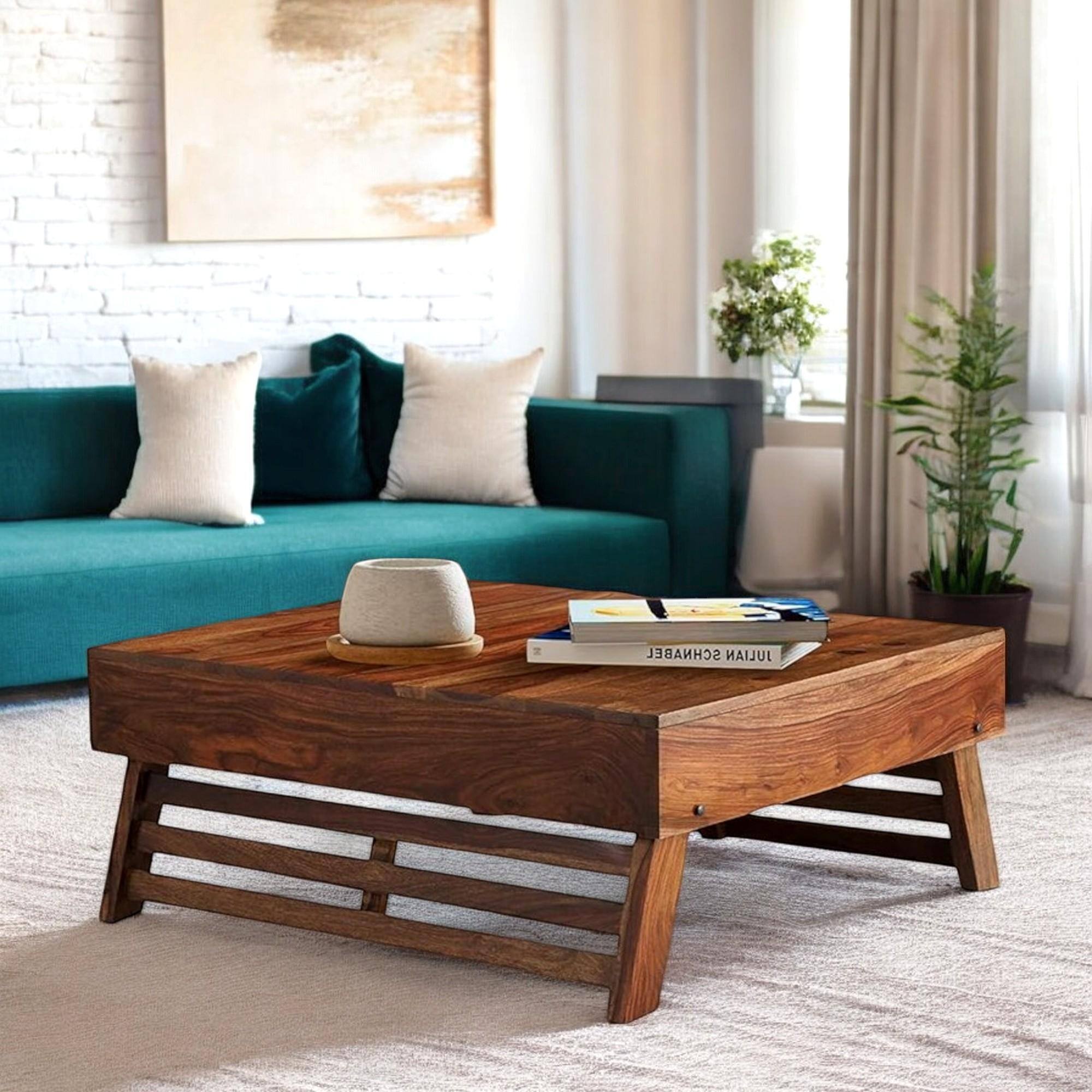 Bradford Sheesham Wood Contemporary Square Foldable Coffee Table In Natural Teak Finish