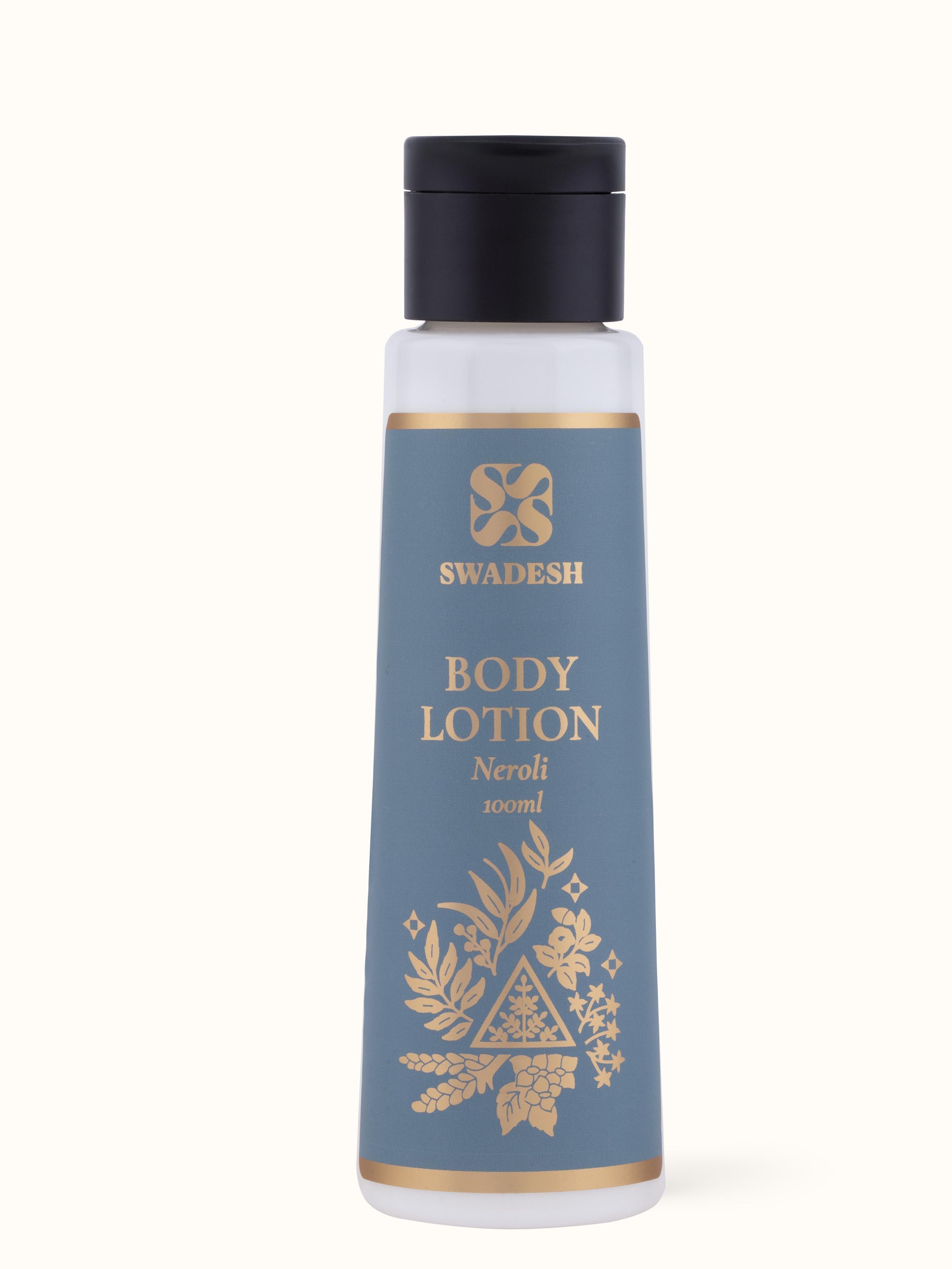 Front view of Body Lotion Neroli bottle showing the sleek cylindrical design and fresh label