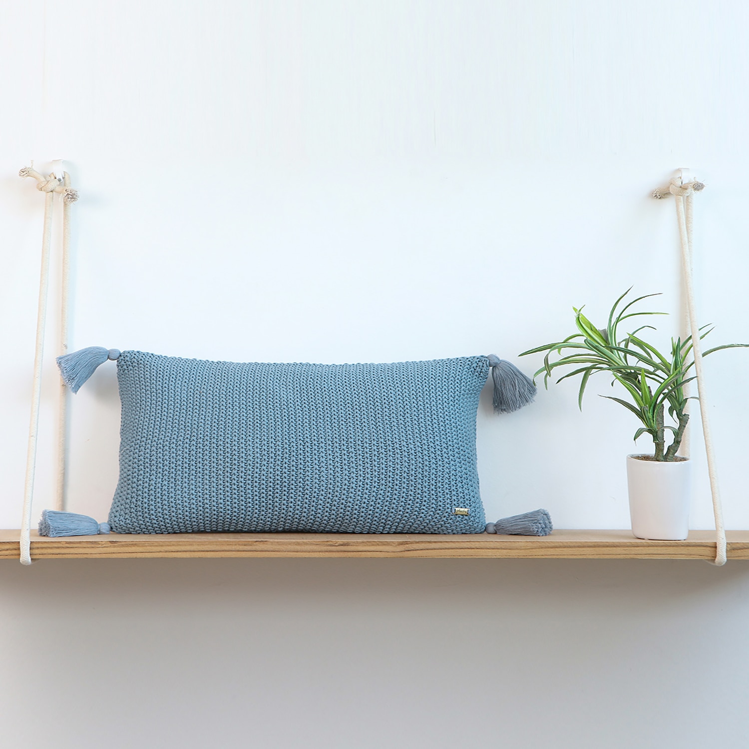 Moss Knit Cadet Blue Cotton Knitted Cushion Cover 12X20 Inches - Pluchi