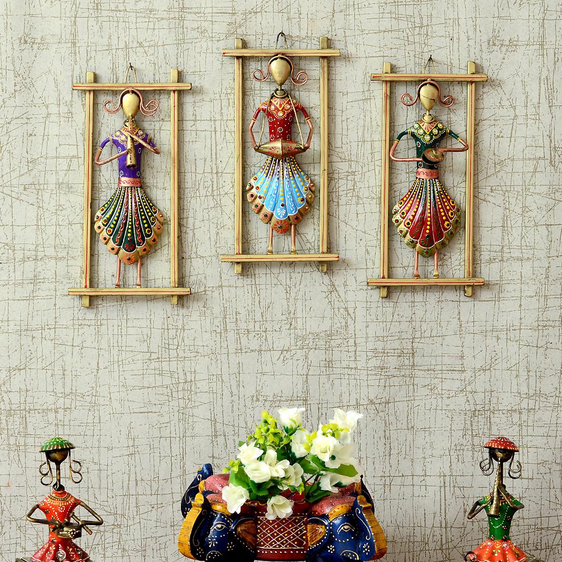 Desert Art Metal Handpainted Lady Musician Wall Hanging Set of 3 in Green Colour-image-7