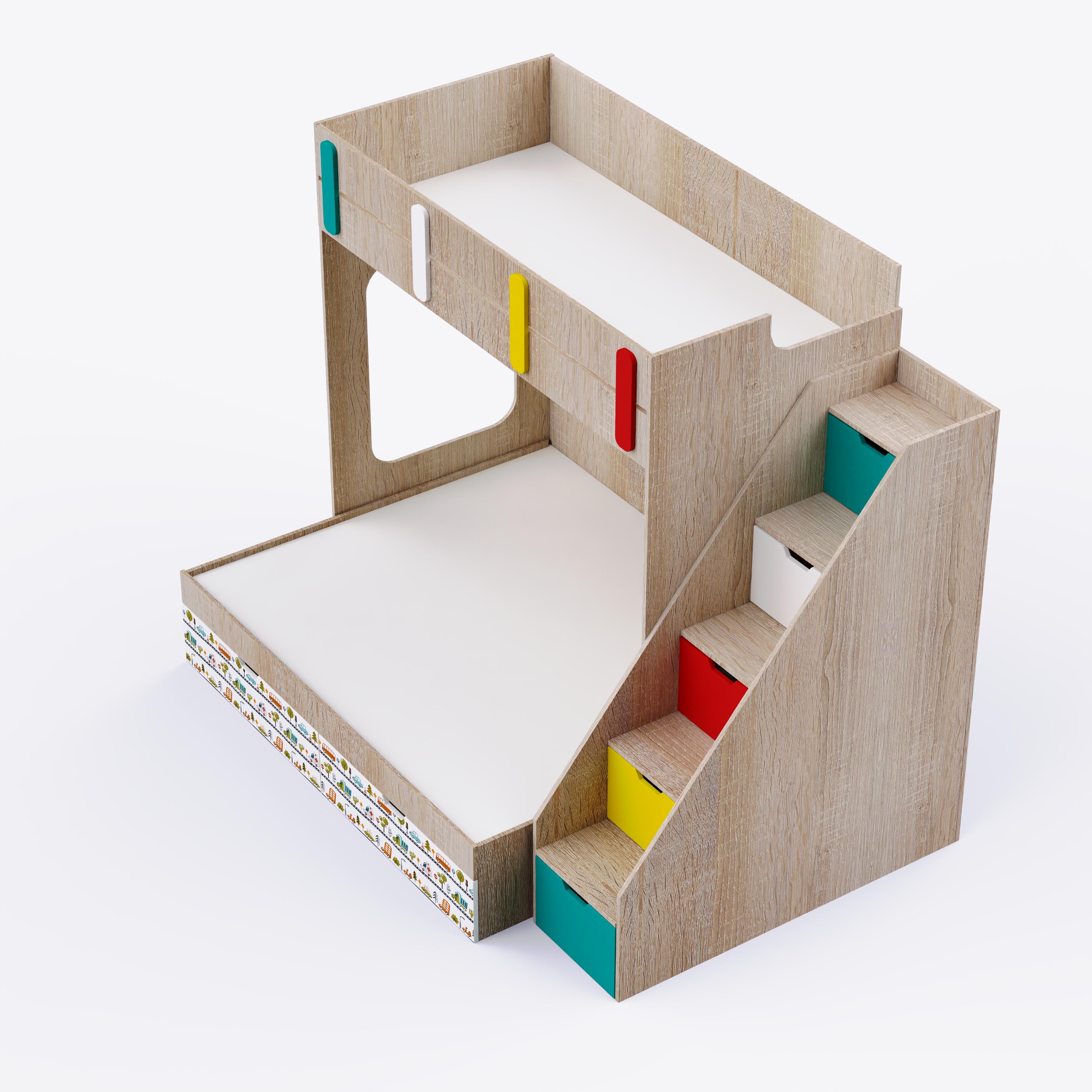 Pattern Dreams Bunk Bed  6X5 (Drawers On Wheels) In Oak & red Colour