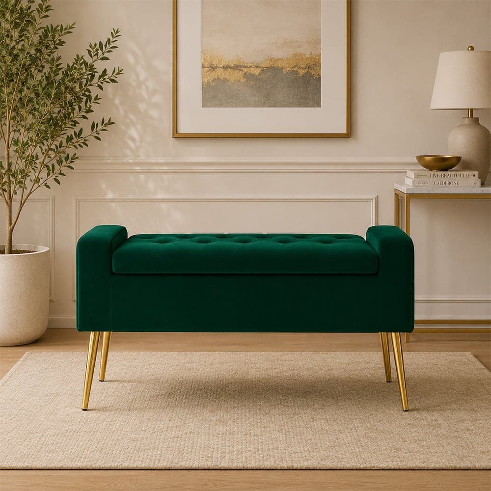 Doe Buck Upholstered Storage Bench in Green Colour with Gold Legs - Doe Buck