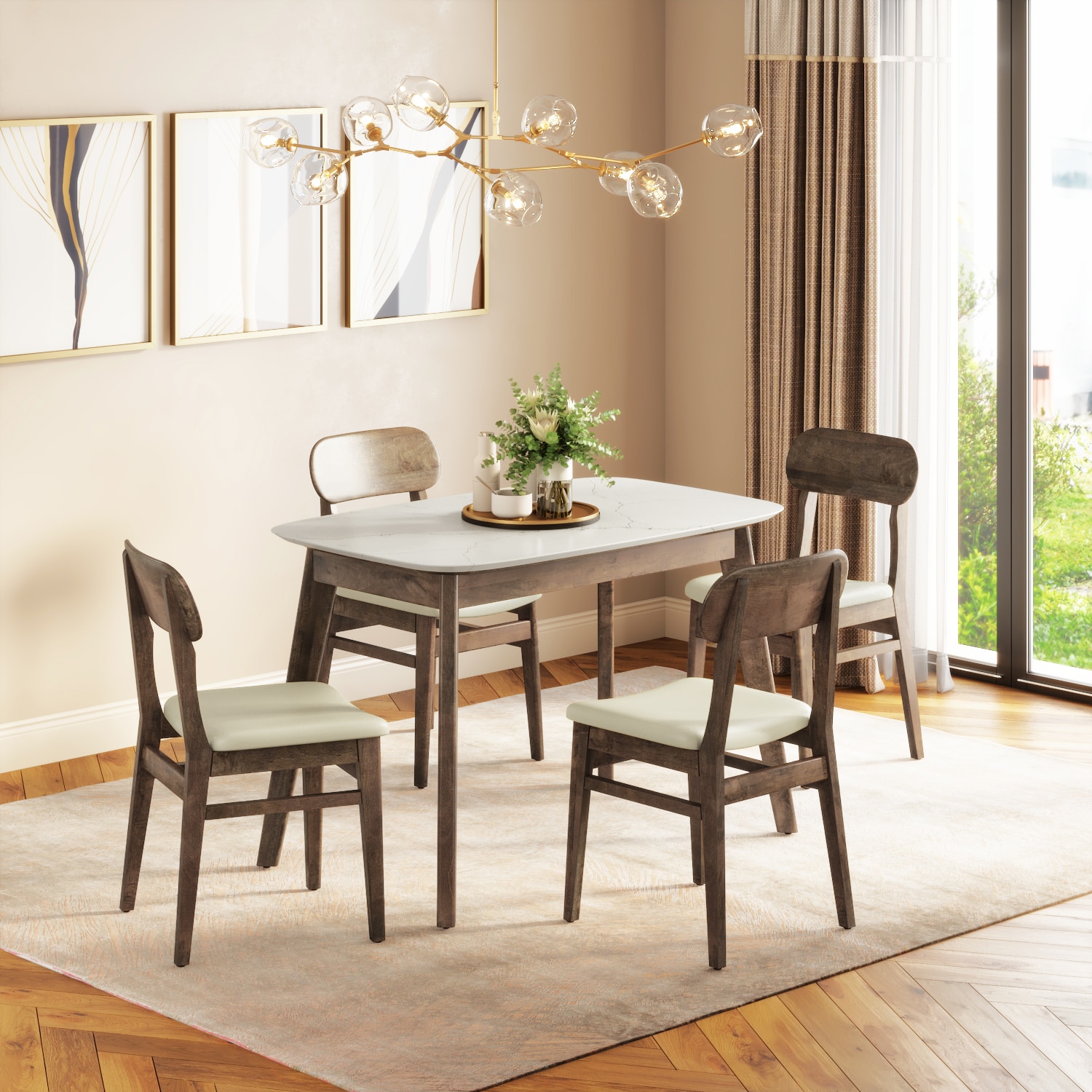 Lunar Solid Wood and Carrara White 4 Seater with 4 Lunar Dining Chair (Finish: Danish Walnut, Colour: Ancient Ivory Cream Leatherette) - Urban Ladder