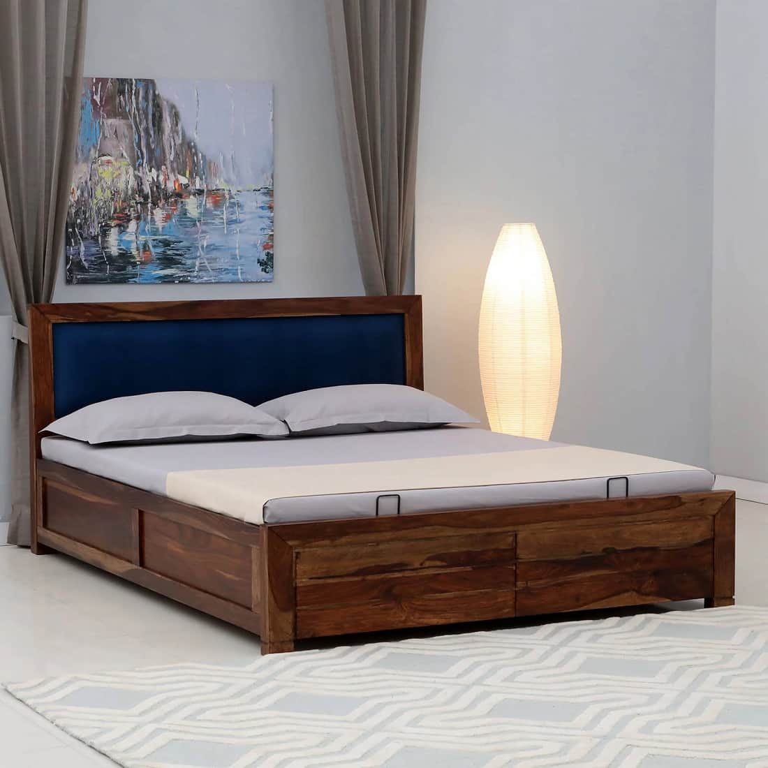 Melba Solid Sheesham Wood King Size Hydrolic Storage Upholstered Bed In Provincial Teak Finish - Demiwall