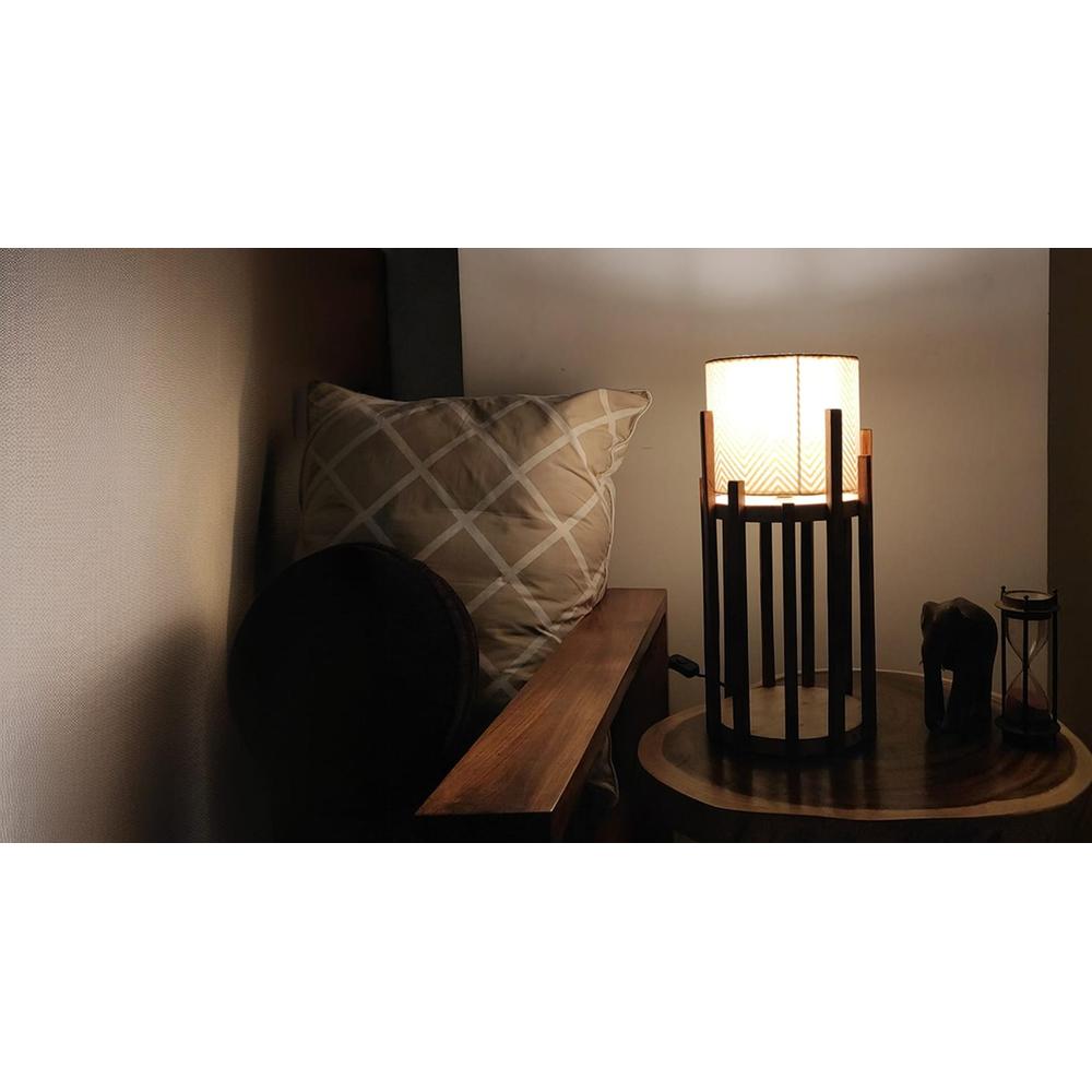 Bastian Wooden Table Lamp with Brown Base and Premium White Fabric Lampshade