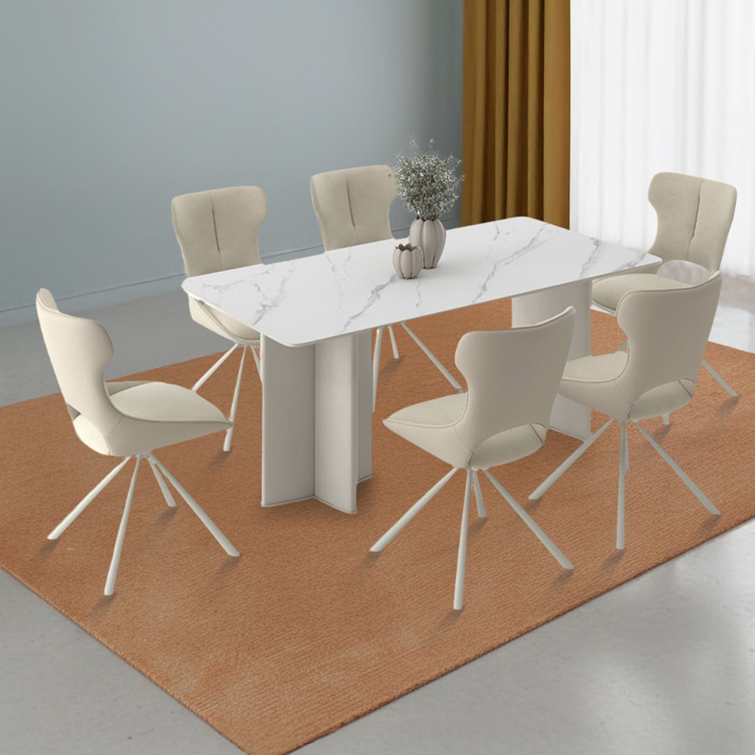 Rosen 6 Seater Chinese Dining Table With Set Of 6 Tulip Dining Chairs (Colour- Beige, Finish- White & Cream)