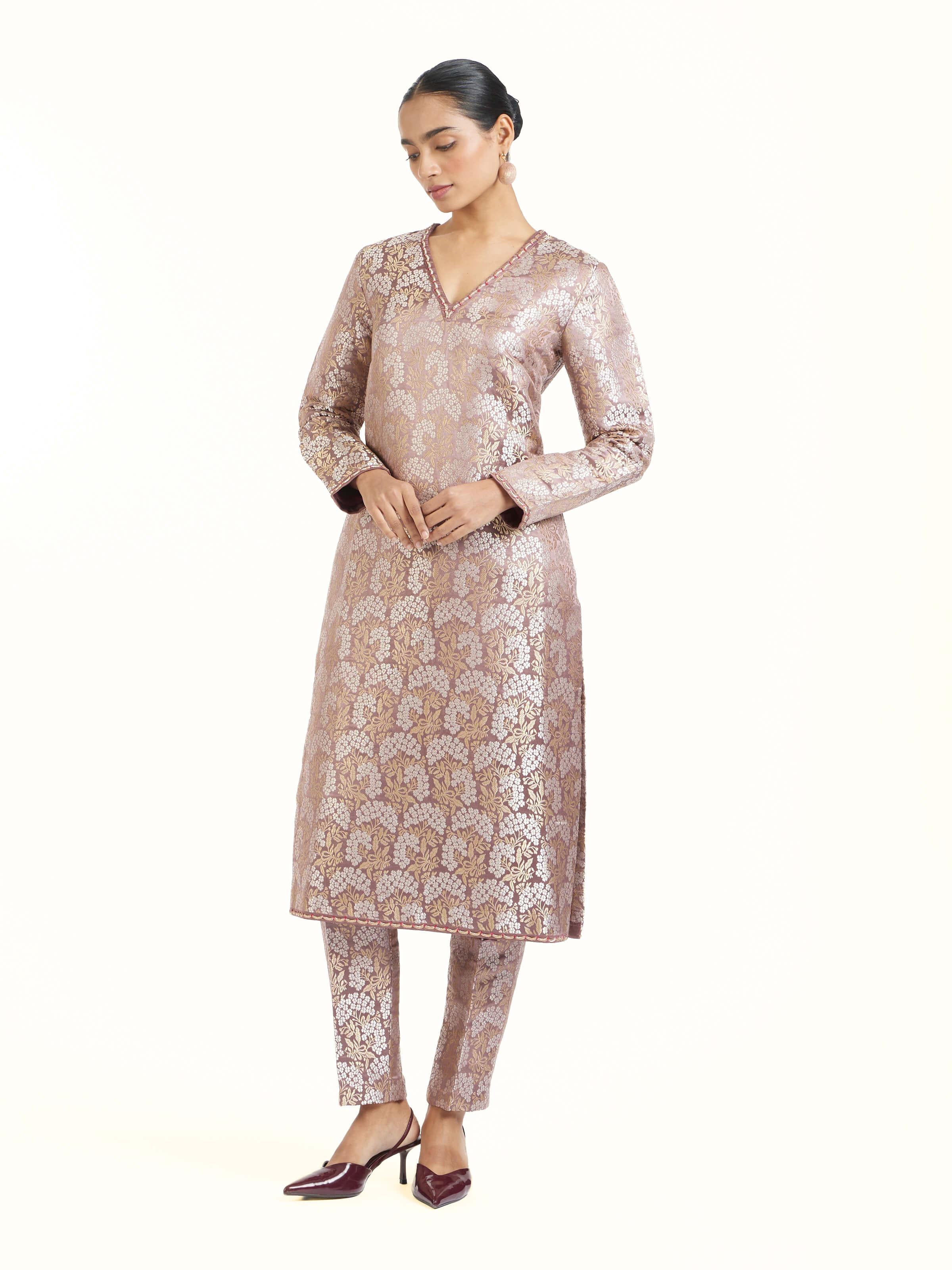 Brown Silk Banarasi Kurta Set