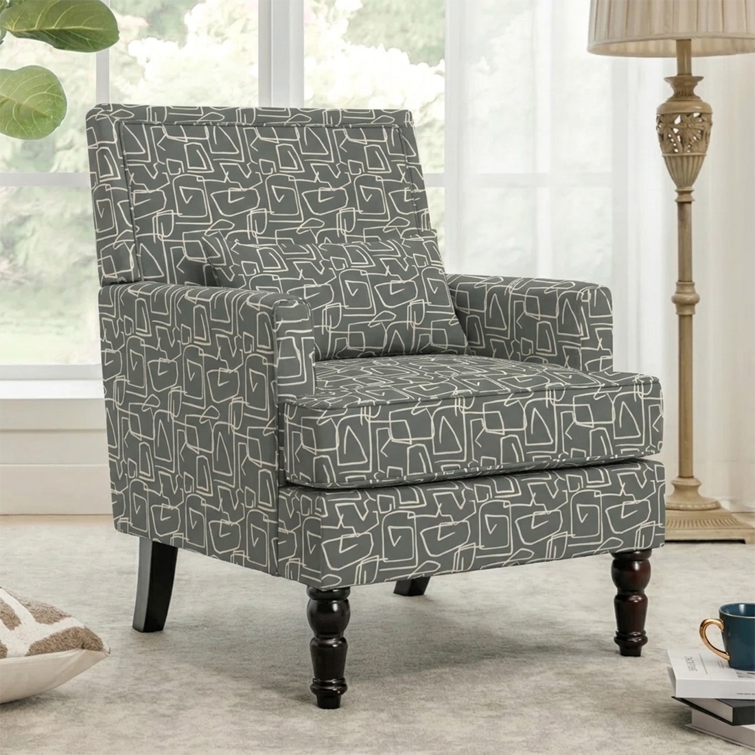 Lark Printed Canvas Geometry Fabric Lounge Chair inGreen Colour - KURSIWALLAH