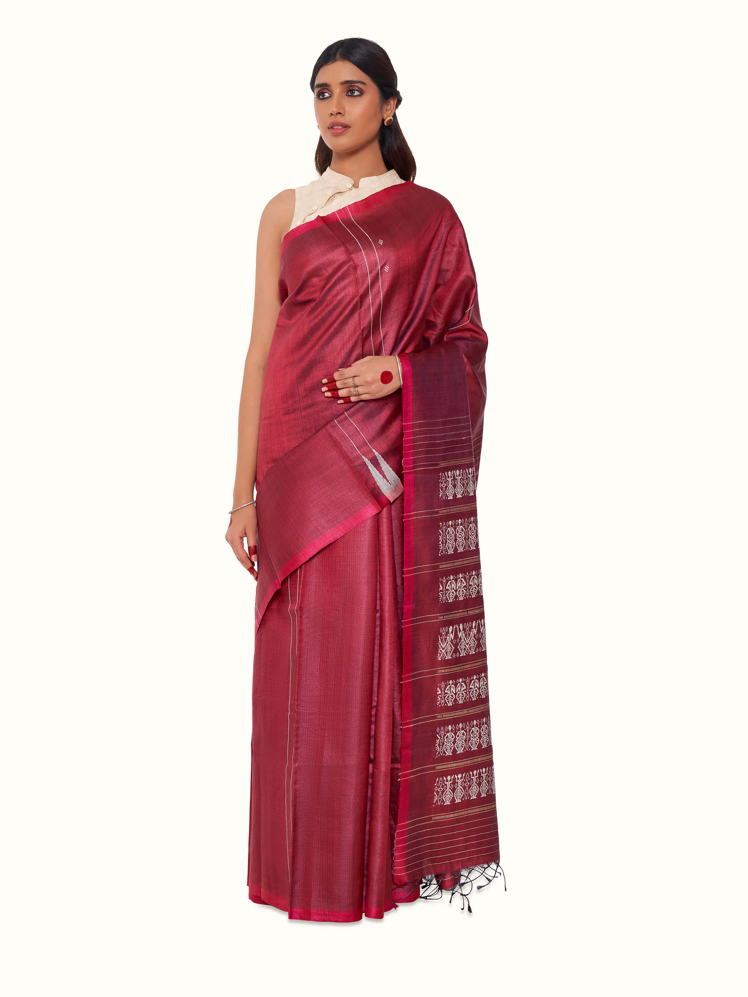 Maroon Tussar Silk Odisha Ikat Saree