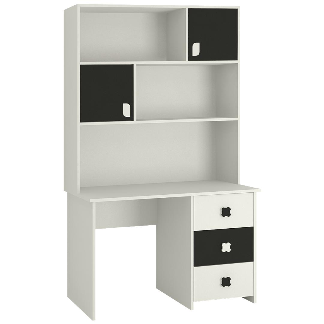 Flora Study Desk cum Bookshelf with Shuttered Cabinets Open Shelves and Drawers in Carbon Black Colour