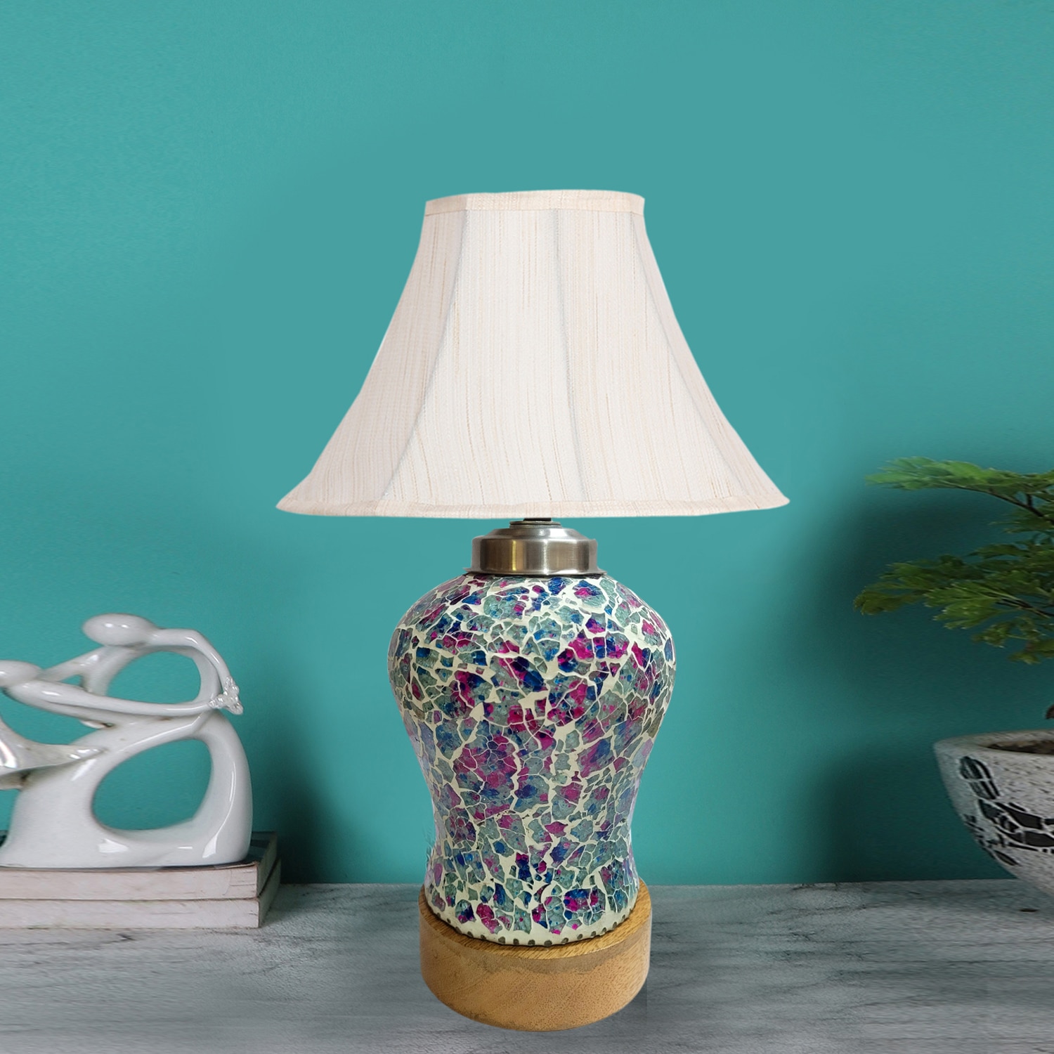Devansh Off White Cotton  Shade  Lamp With  Wood & Mosaic Glass Base For Decoration /Office/Home/Gifting/Study For Office/Home/Gifting -(12X12X16) Inches -