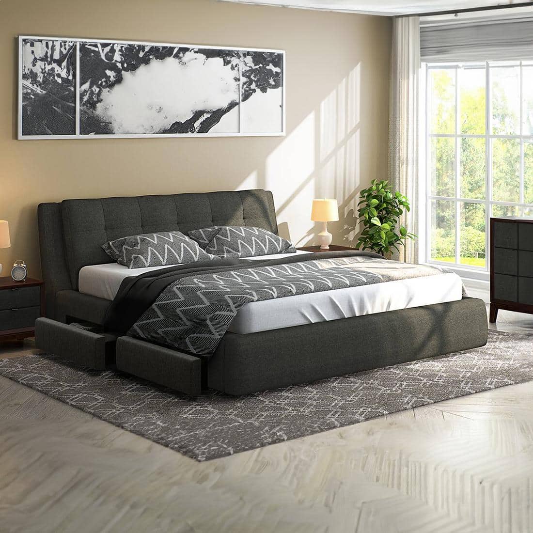 Stanhope Engineered Wood Queen Size Drawer Storage Upholstered Bed In Finish