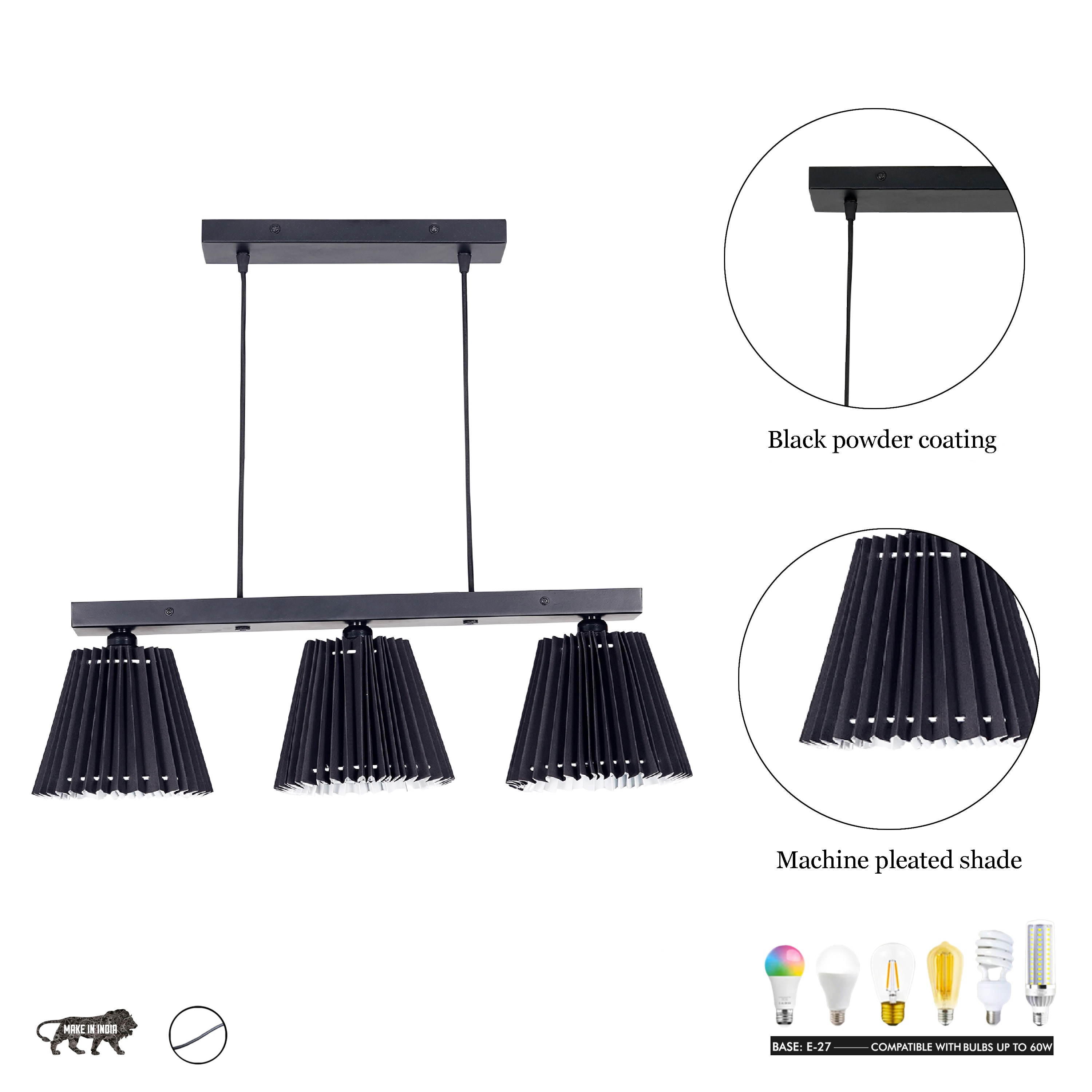 Adeline 3 Light Ceiling Pendant in Black Metal  With Black Cotton Shade