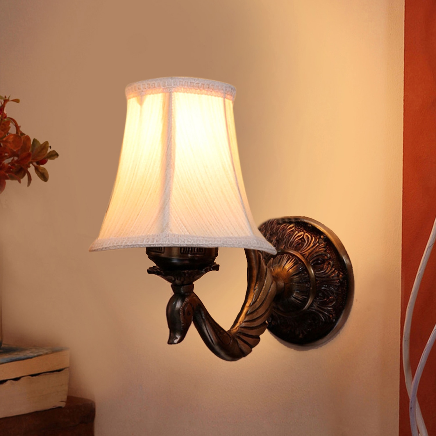 Devansh Gold Antique Wall Mounted Lamp With Off-White Cotton Shade