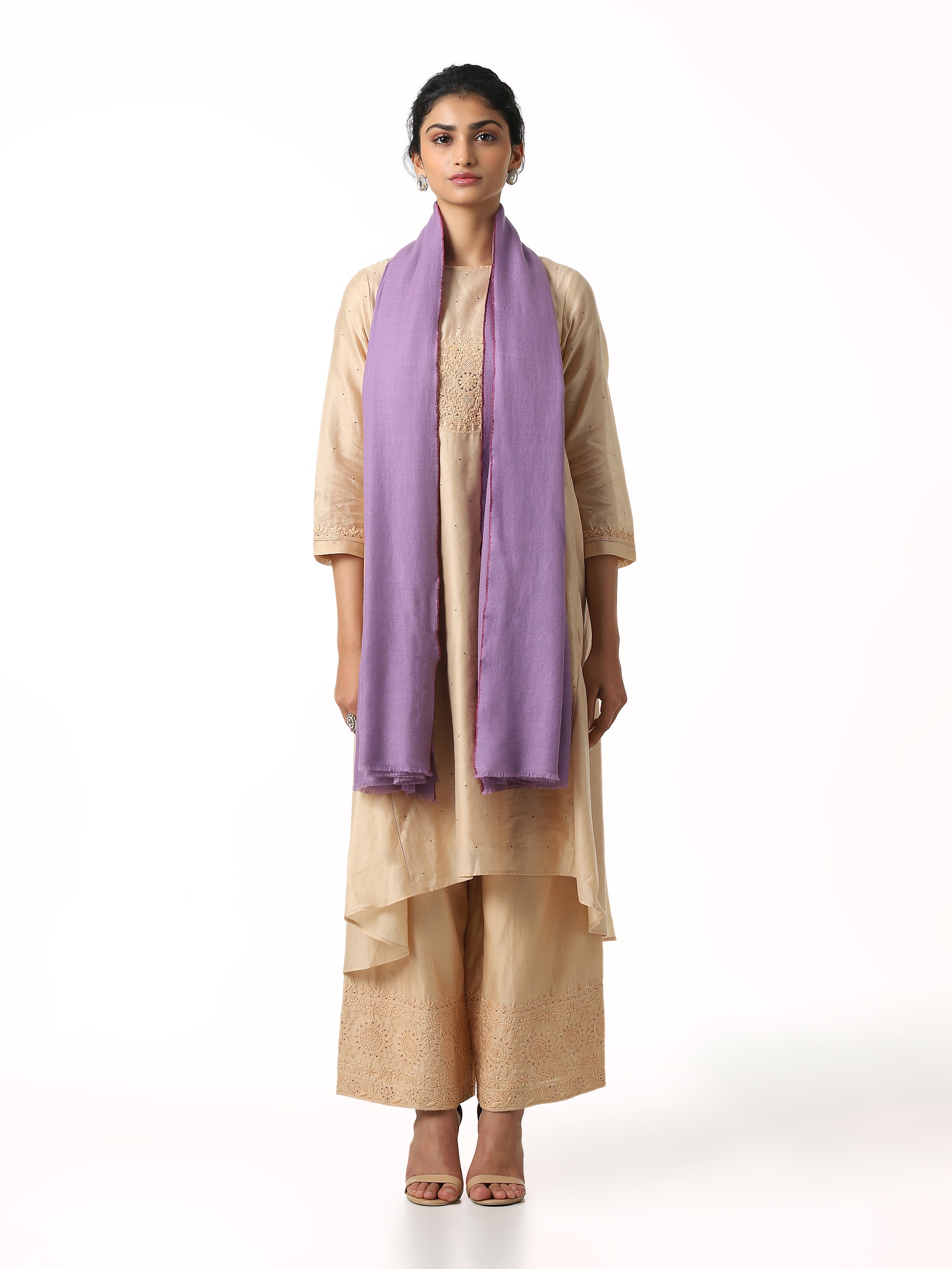 Front view of purple cashmere kaaj embroidered handwoven stole showcasing rich tone and elegant embroidery
