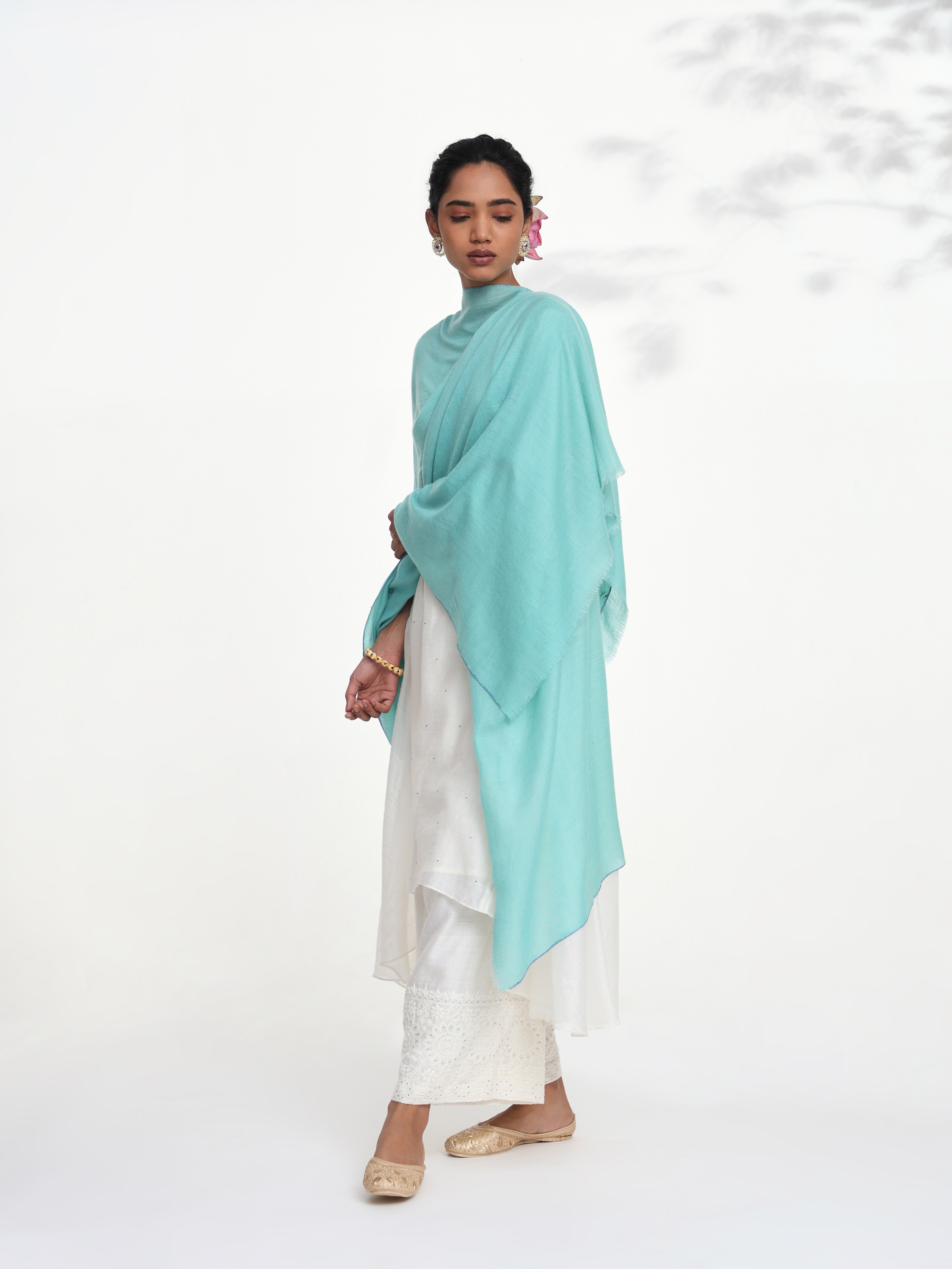 Sea Green Pashmina Kaaj Embroidered Shawl