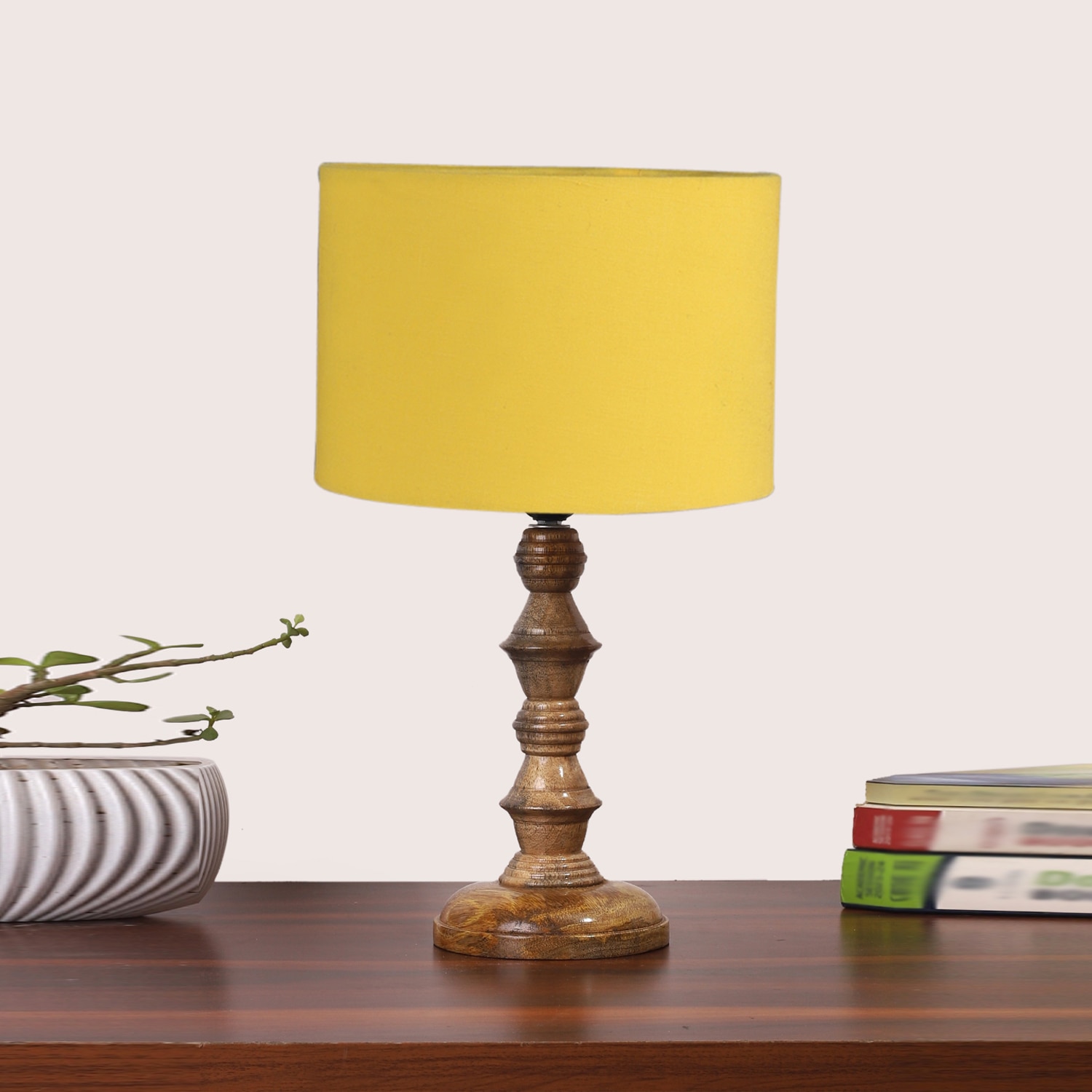 Devansh Yellow Cotton Table Lamp With Wood Natural Base (7X7X15.5 Inches)-6