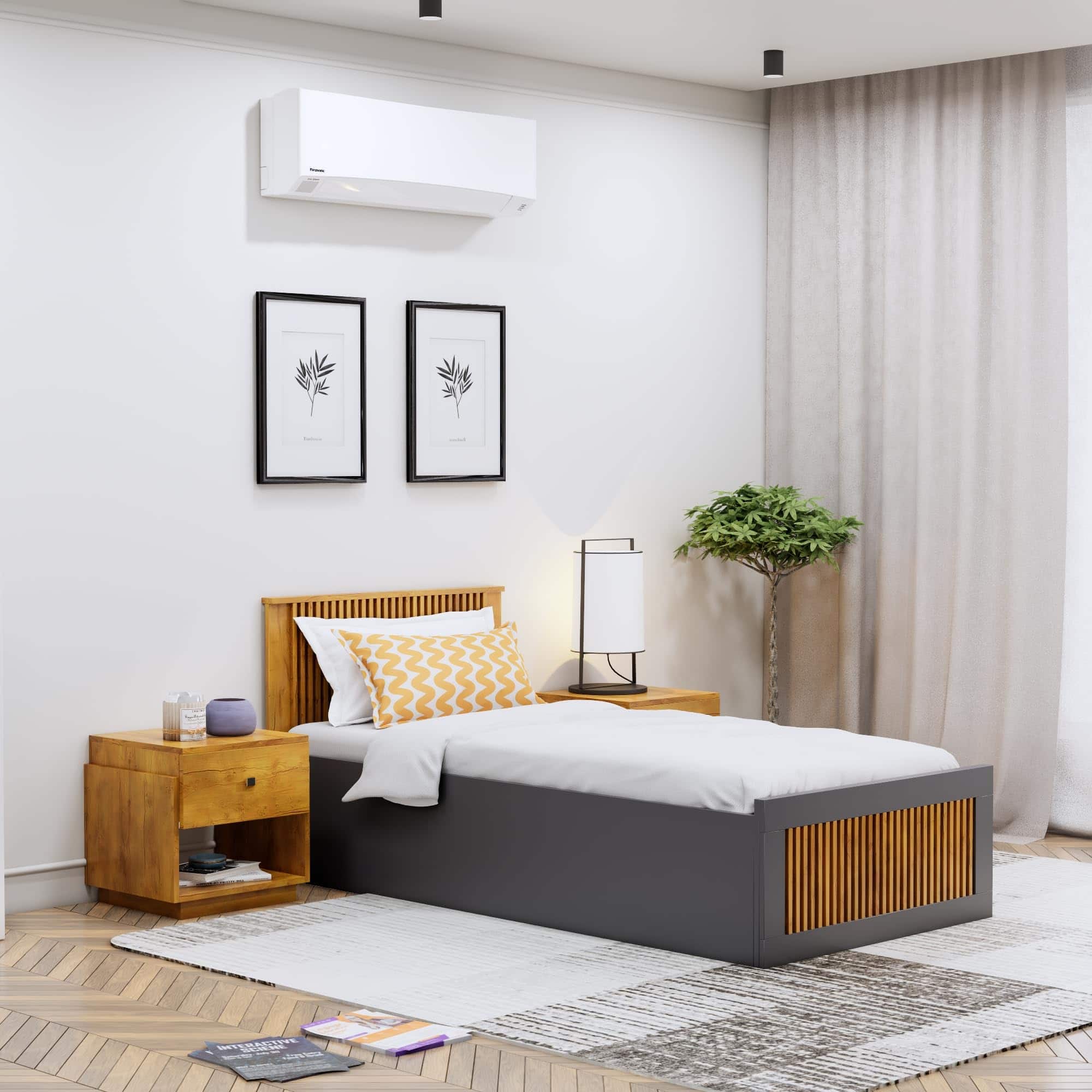 Hexa Engineered Wood Modern Single Bed With Headboard With Storage In Slate Grey And Giant Wood - HexaRed