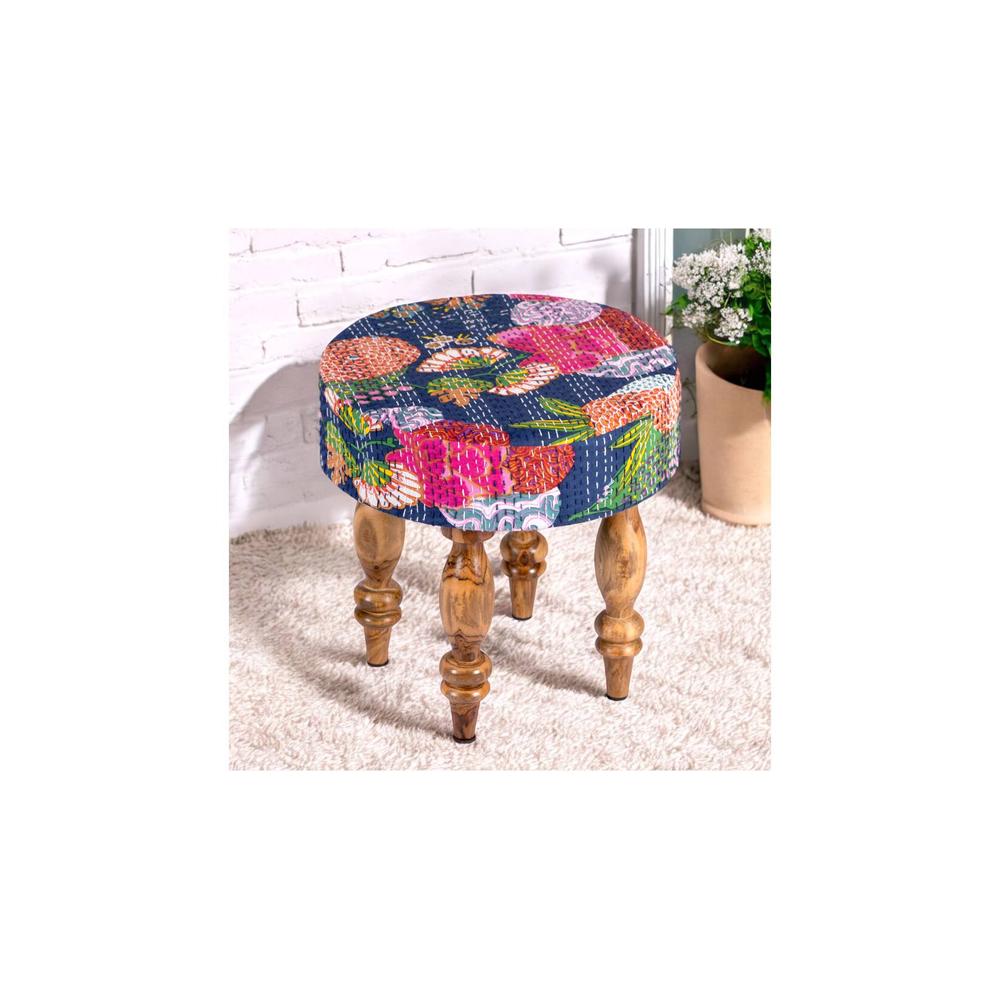 Roswell Sheesham Wood Mid Century Round Stool in Fruit Print Blue Kantha Upholstery