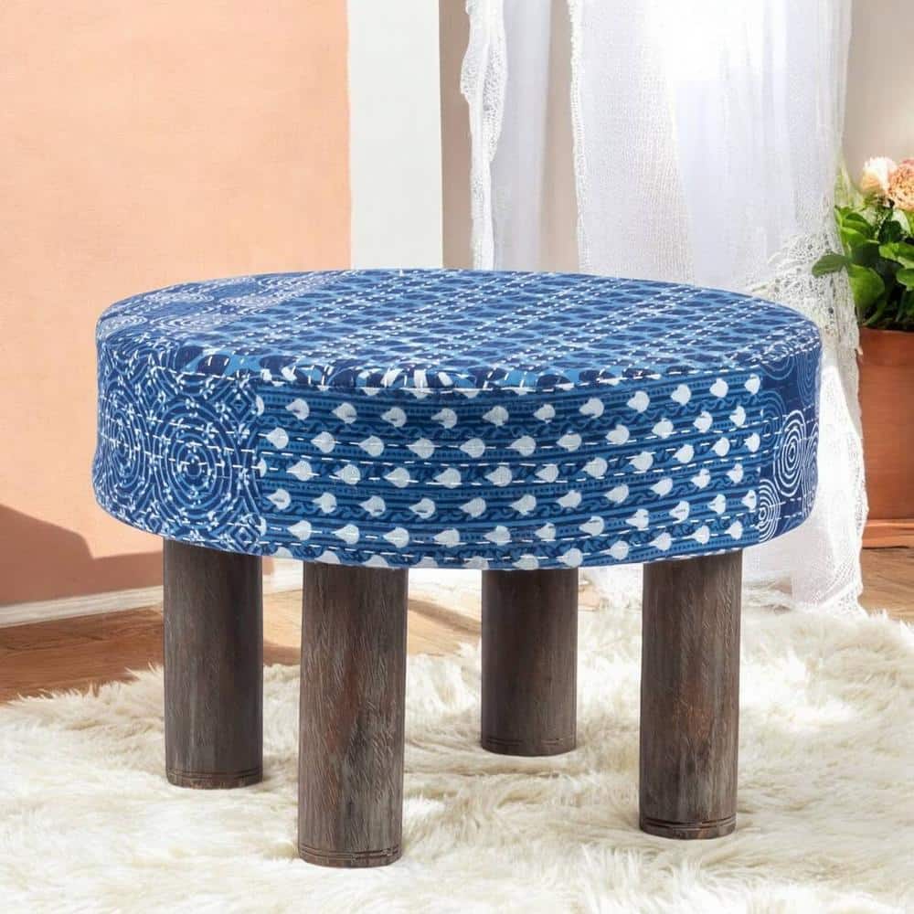 Maple Solid Wood Foot Stool in Indigo Patch Kantha Fabric