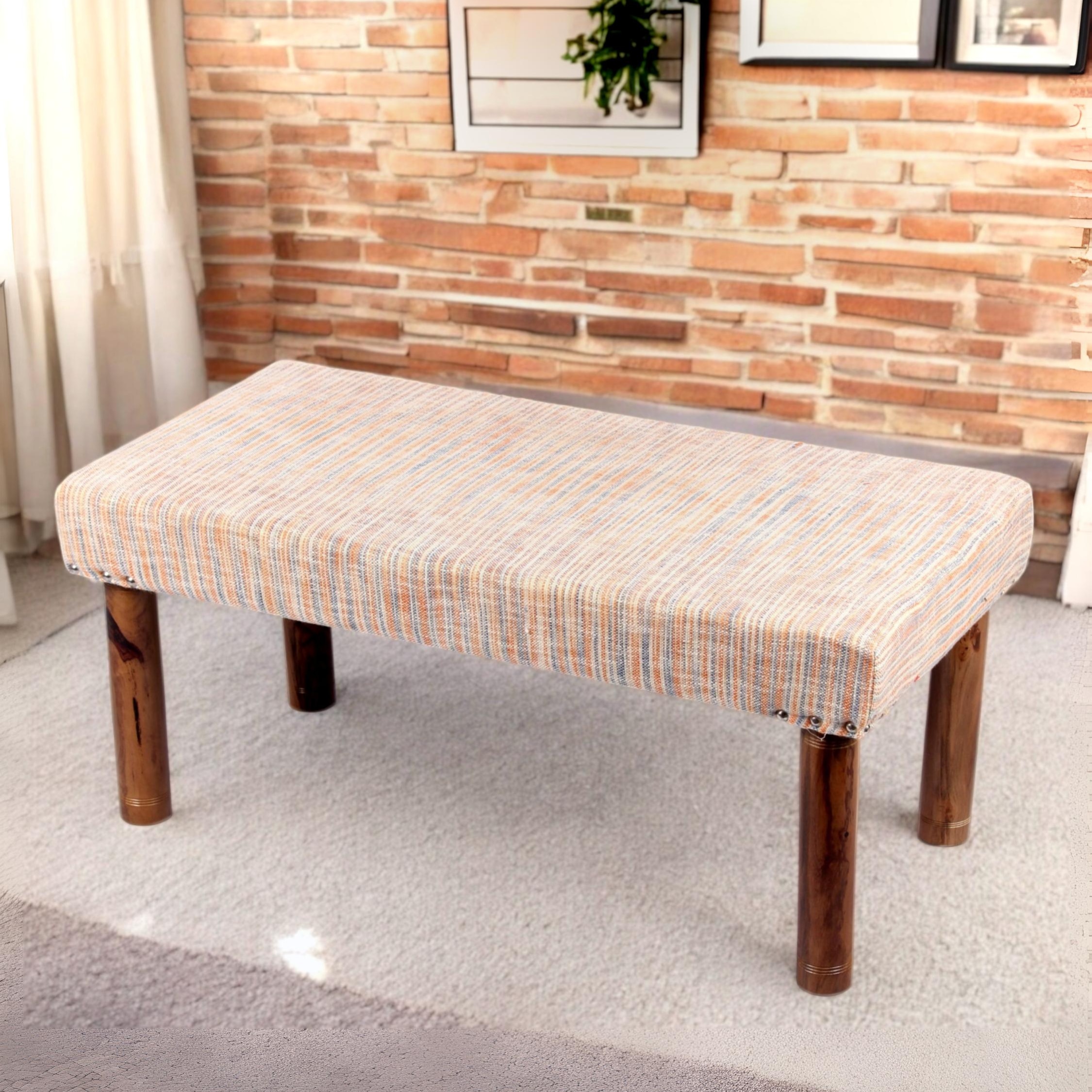 Camilla Solid Wood 2 Seater Bench In Stripe Orange Jackard Fabric