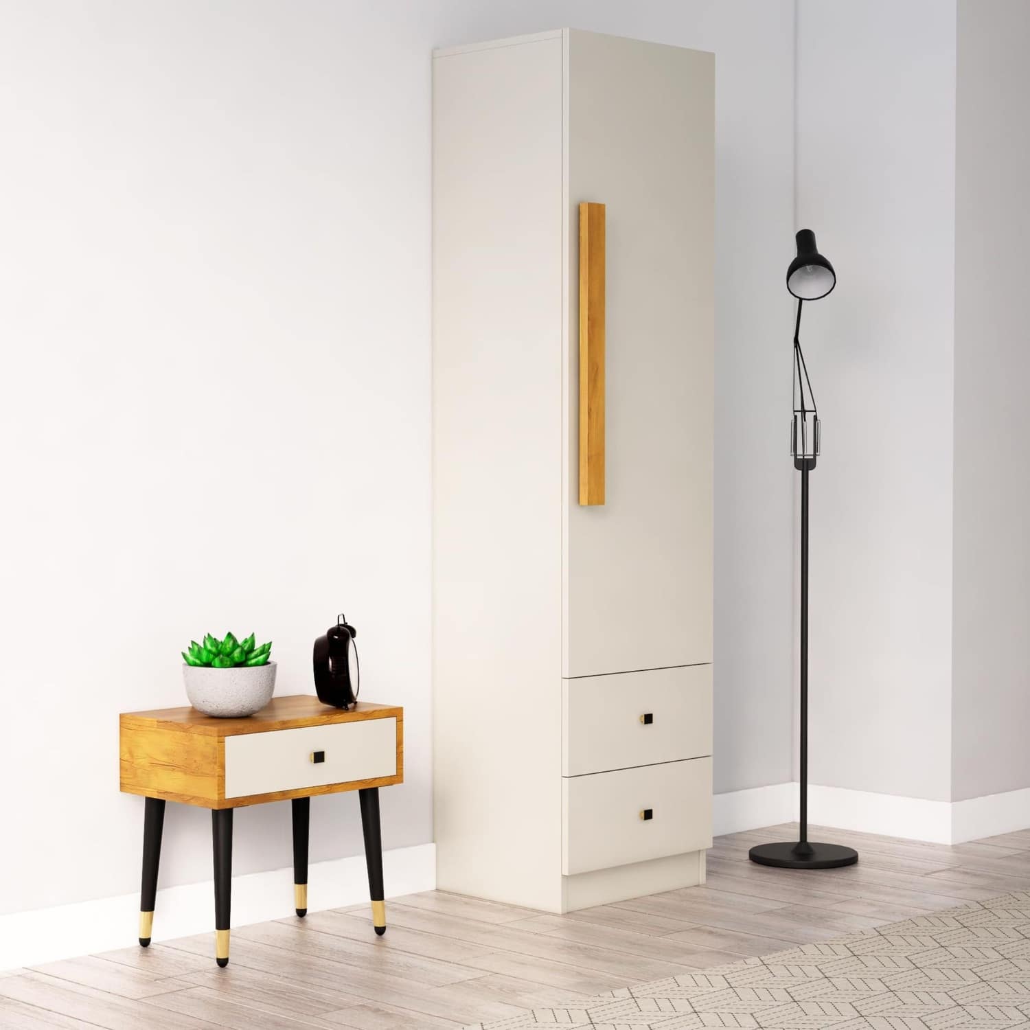 Hexa Red Wooden 1 Door Wardrobe with 2 Drawers and Hanging Space in Frosty White Colour - HexaRed