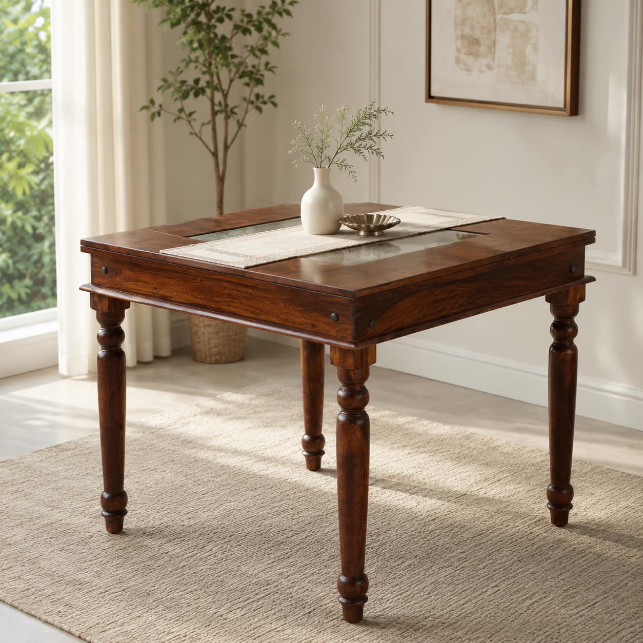 Rangrez Sheesham Wood 4 Seater Dining Table in Honey Oak Finish - Woodenmood