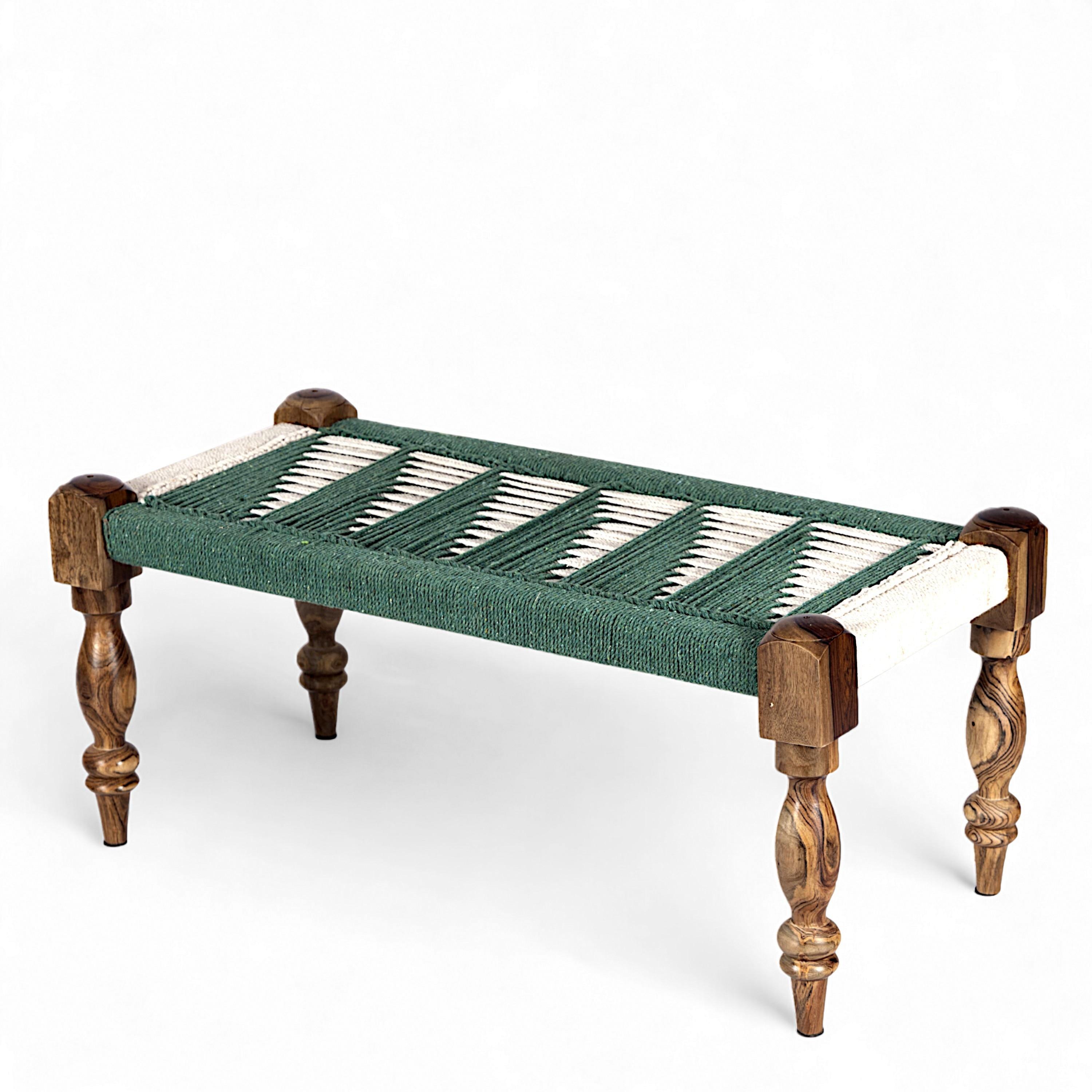 Oakville Sheesham Wood 2 Seater Maachi Bench In Green & White Rope Canning