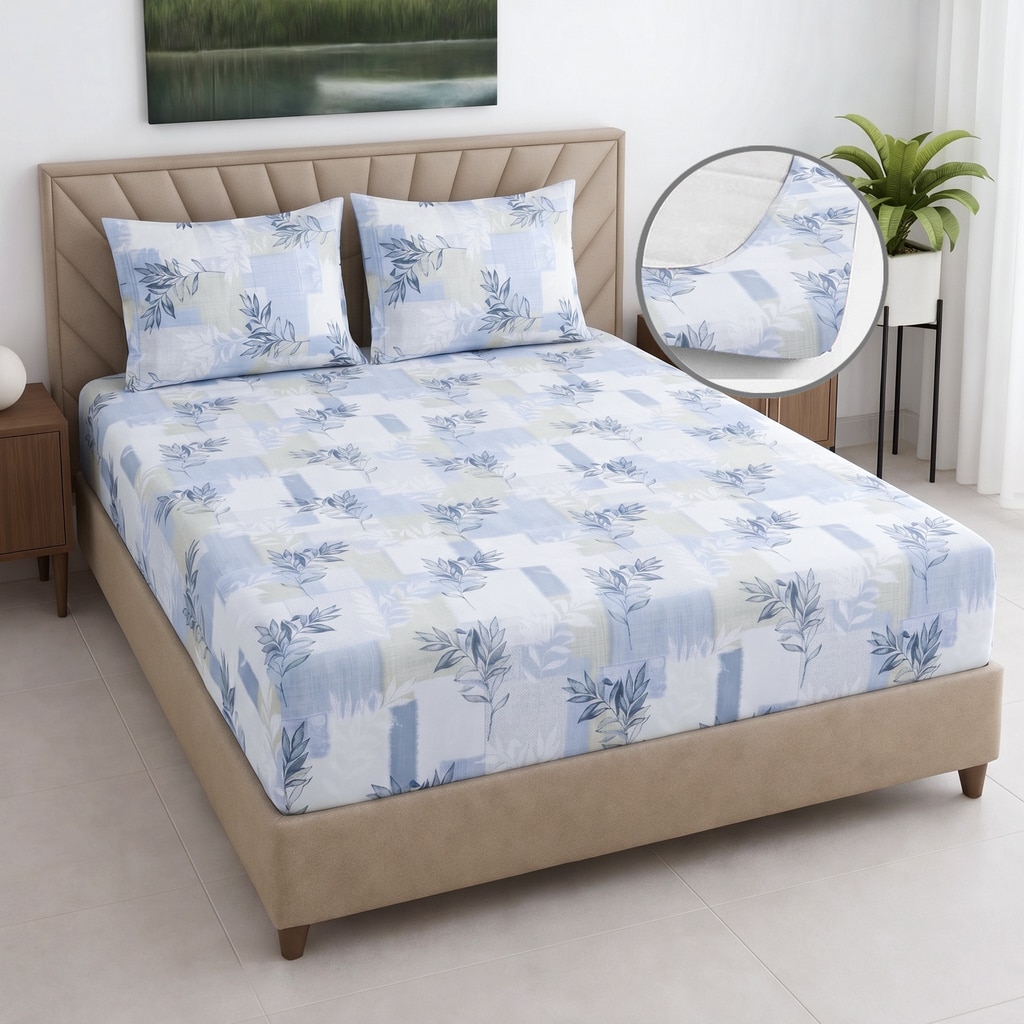 White And Blue Floralcotton 400 Tc  Fitted  Super King Size Bedsheet With 2 Pillow Covers - Threads